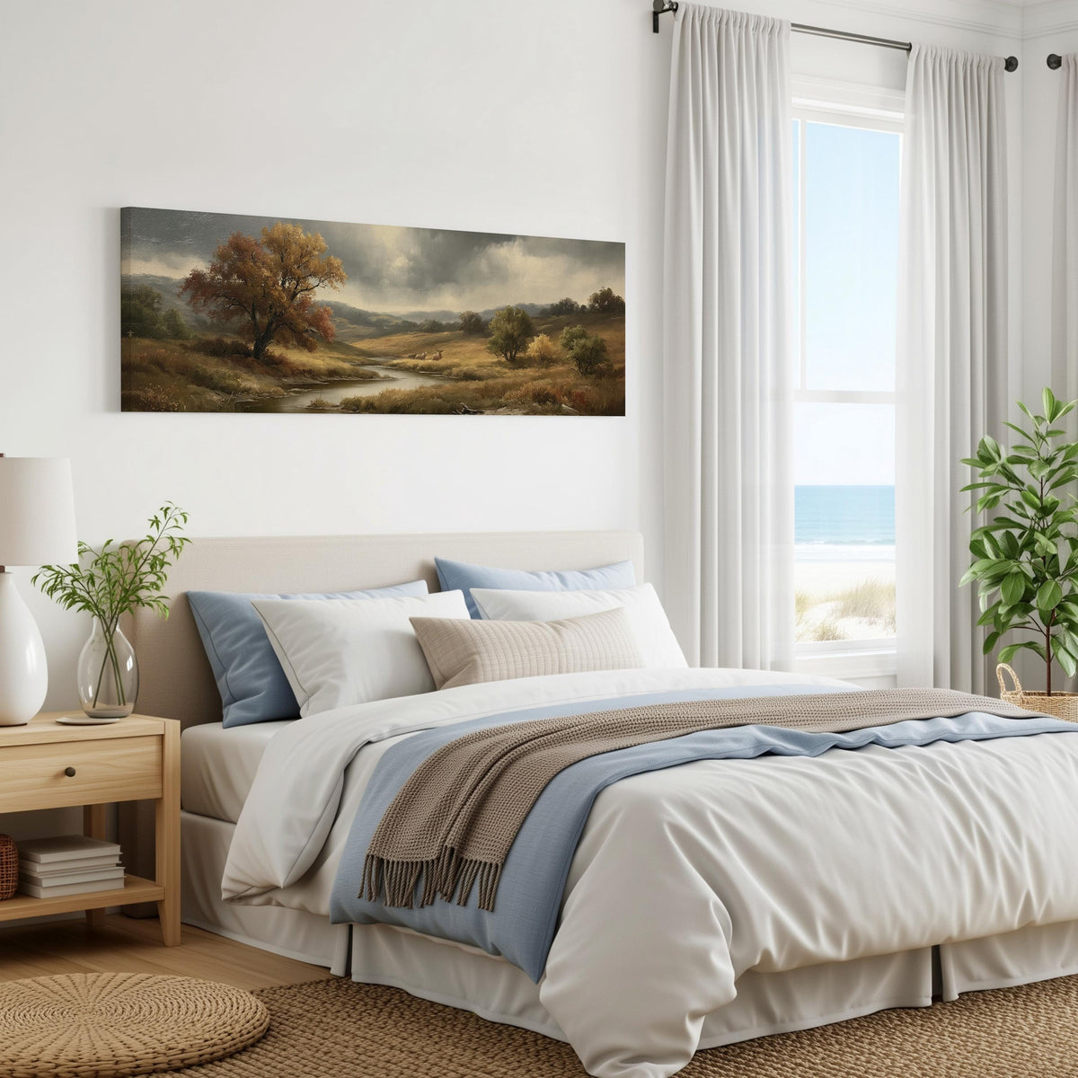 Autumn river valley under a stormy sky panoramic canvas print above a bed in a coastal bedroom
