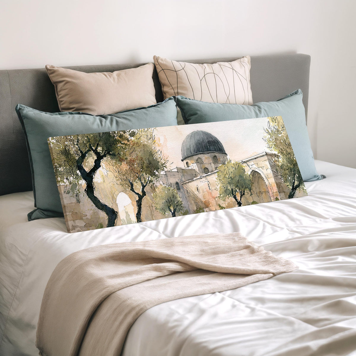 Old stone dome in a sketch style wide panoramic canvas print laid on a bed to show its size