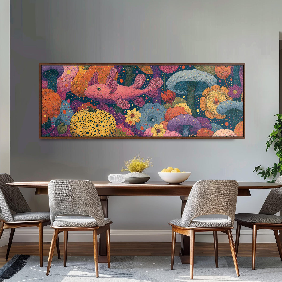 Fantasy mushrooms with a pink creature long horizontal canvas print above a dining table