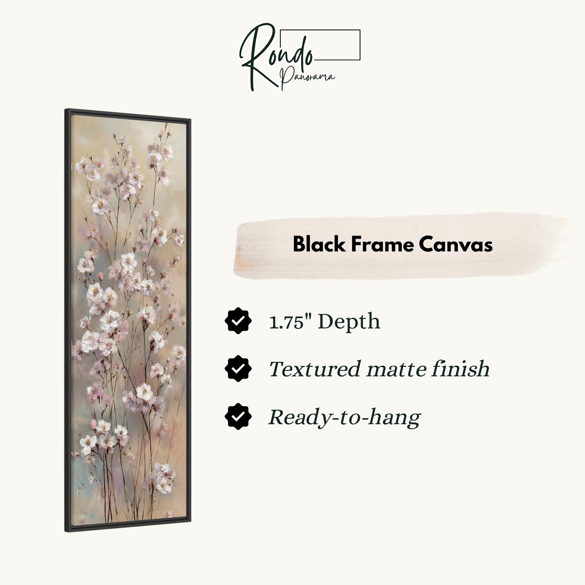 The image is a black frame canvas featuring a painting of white flowers.