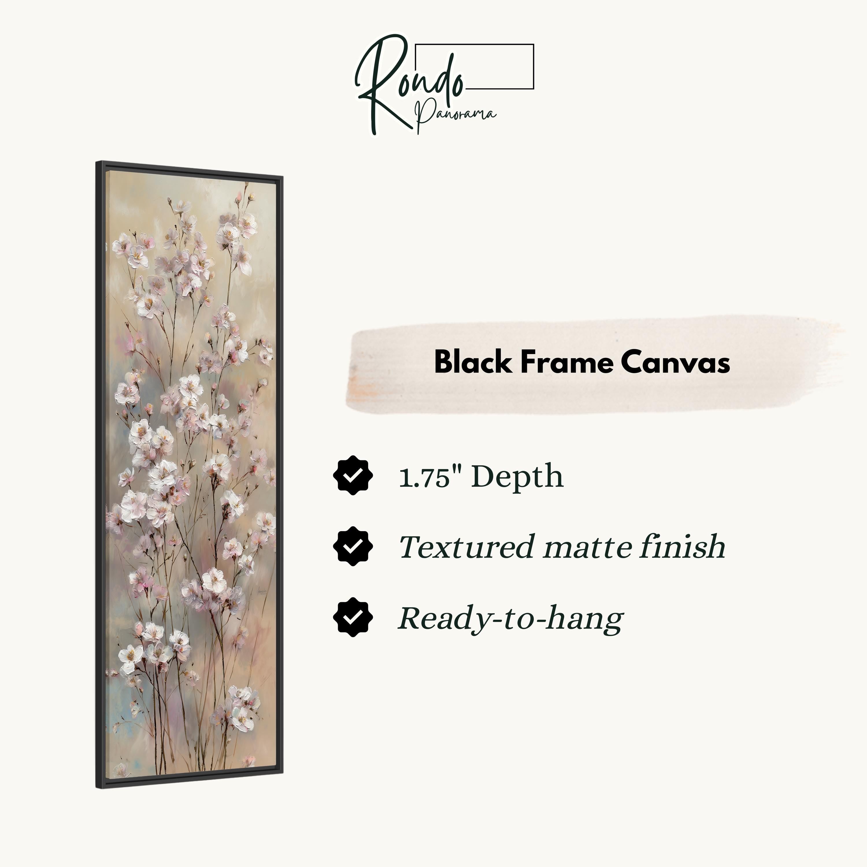 The image is a black frame canvas featuring a painting of white flowers.