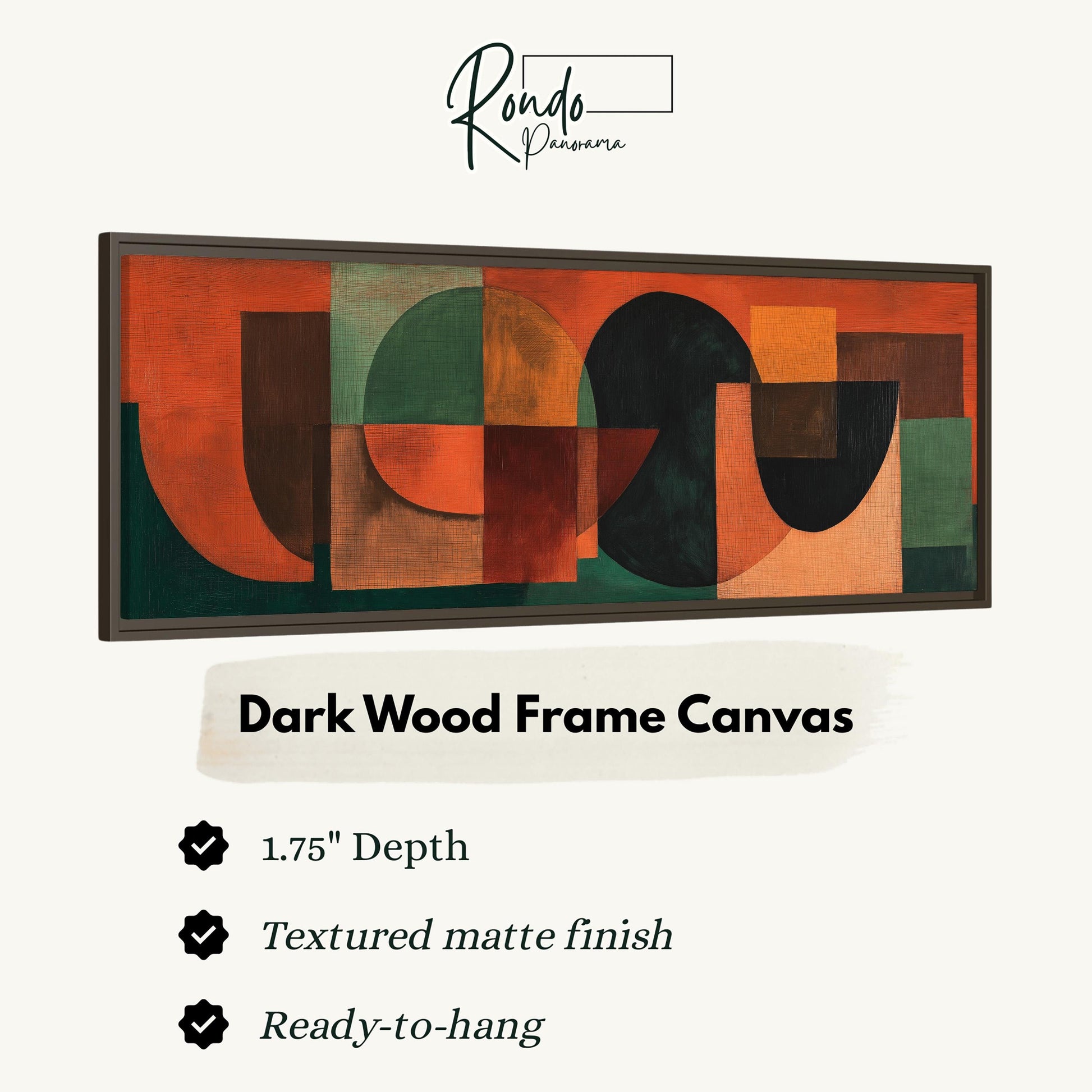 The image is a product advertisement for a dark wood frame canvas. It features a large abstract painting with a variety of shapes and colors, and provides information about the dimensions and finish of the canvas.