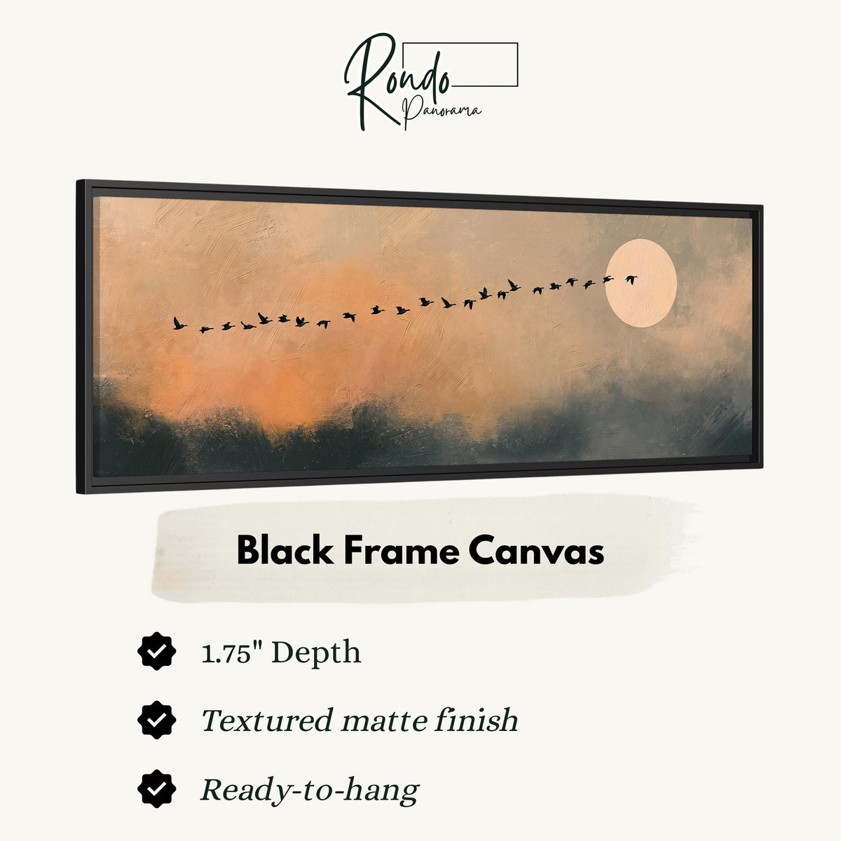 Migrating birds passing a moon at peach dusk canvas print in a black floating frame