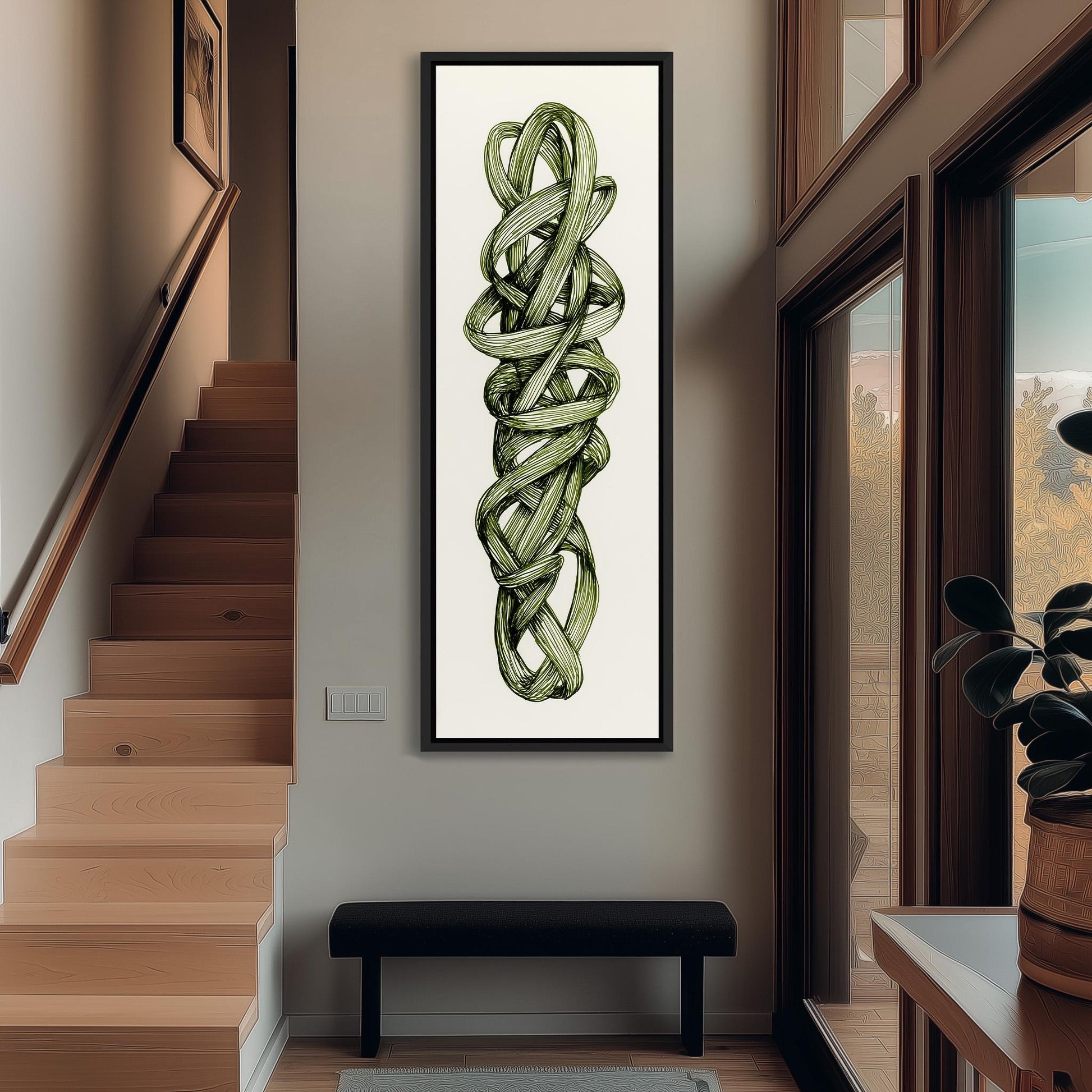 a hallway with a large abstract painting hanging on the wall, depicting a spiral pattern. The hallway has wooden stairs and a bench, and there is a plant in a pot on the right side of the image.