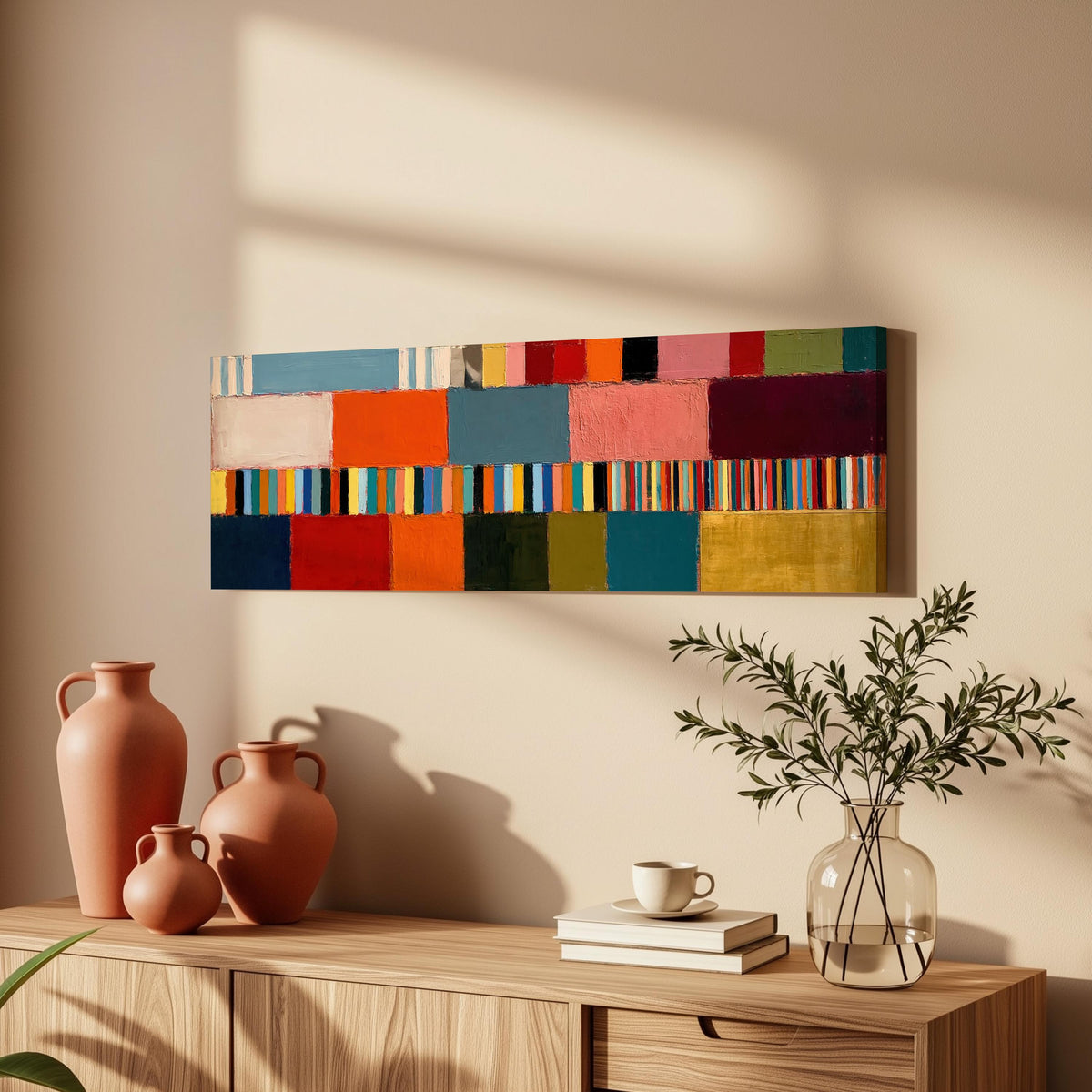 Rainbow patchwork color bands long horizontal canvas print above a wooden sideboard
