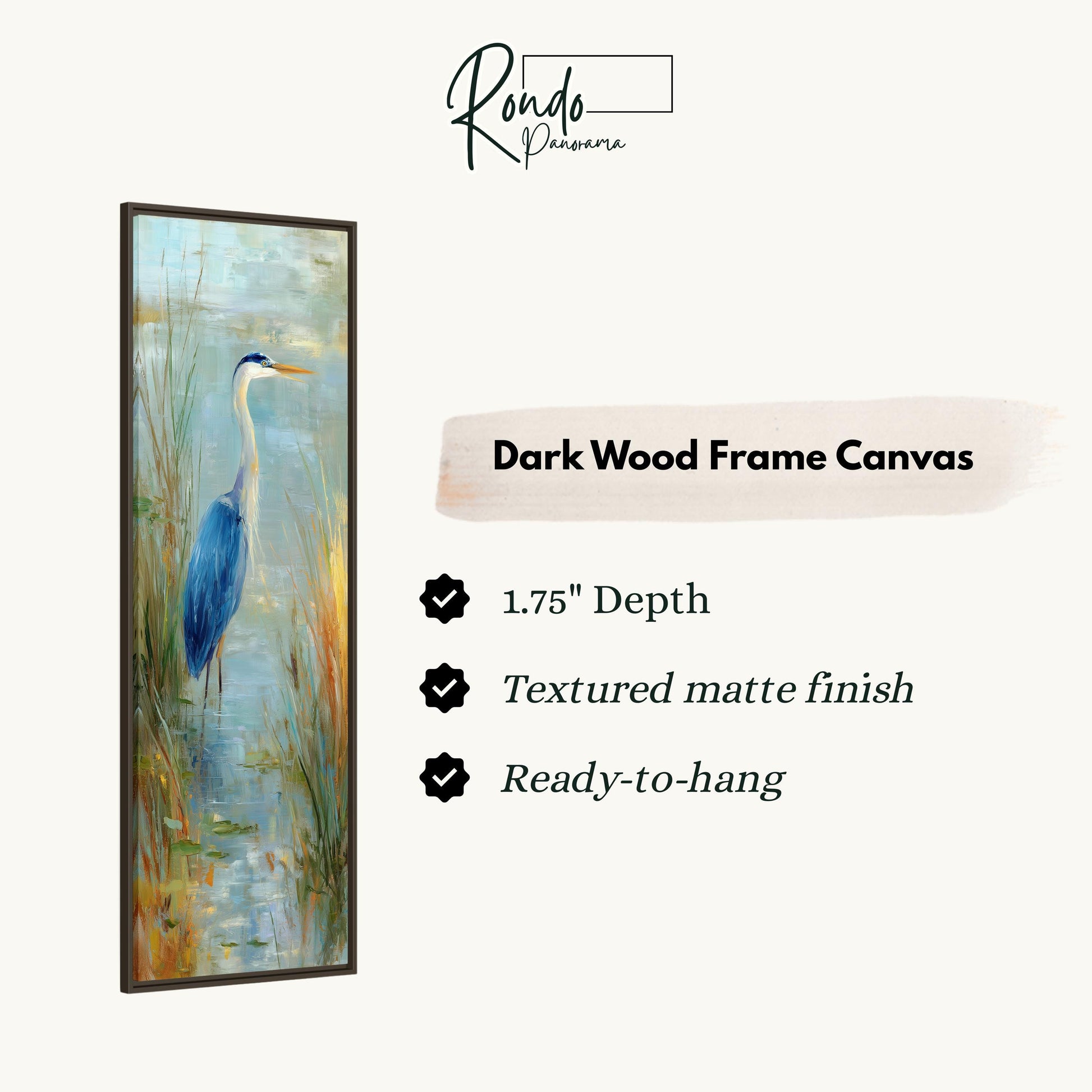 The image is a rectangular dark wood frame canvas depicting a blue heron standing in tall grass.