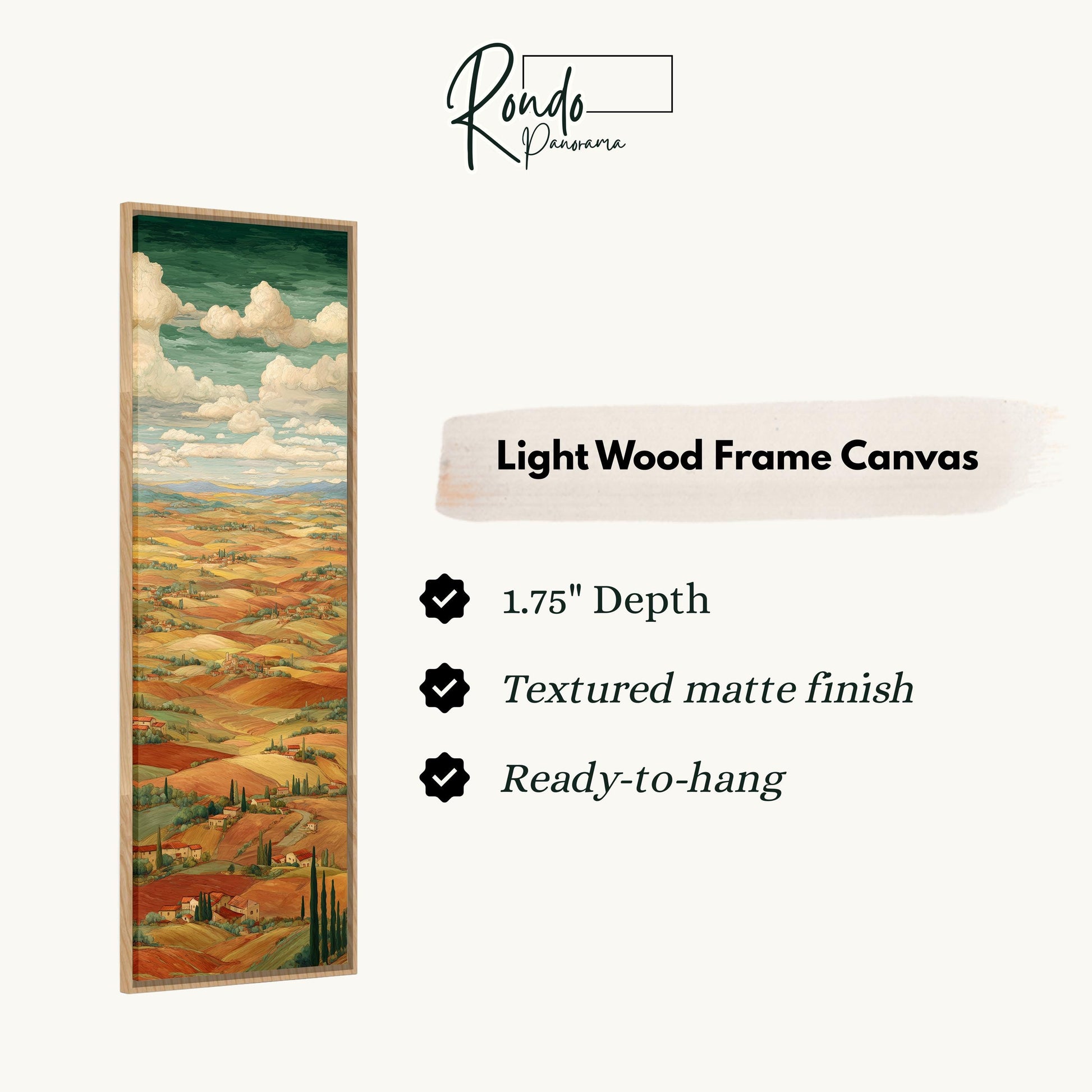 The image is a light wood frame canvas depicting a landscape with rolling hills and a cloudy sky.