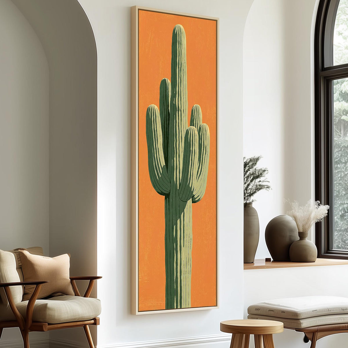 Saguaro cactus on orange tall skinny canvas print in a sunlit living space