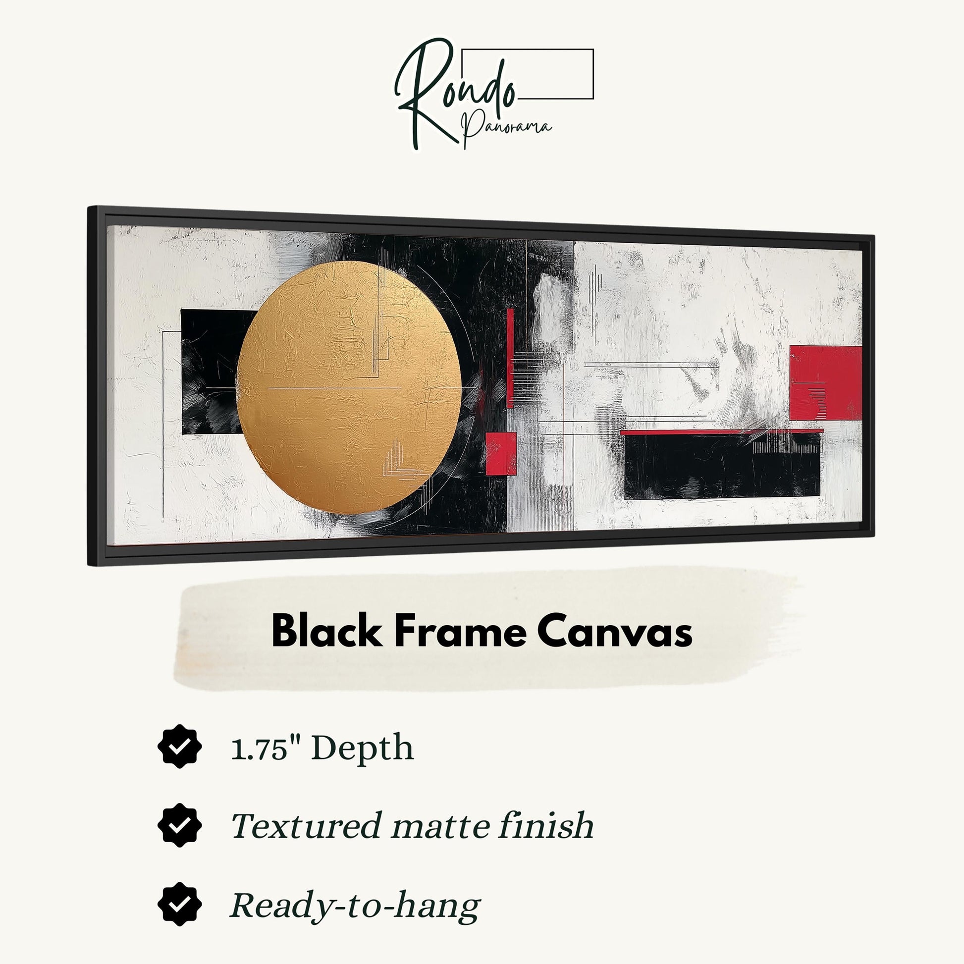 The image is a black frame canvas with a gold circle and abstract geometric shapes in black and red.