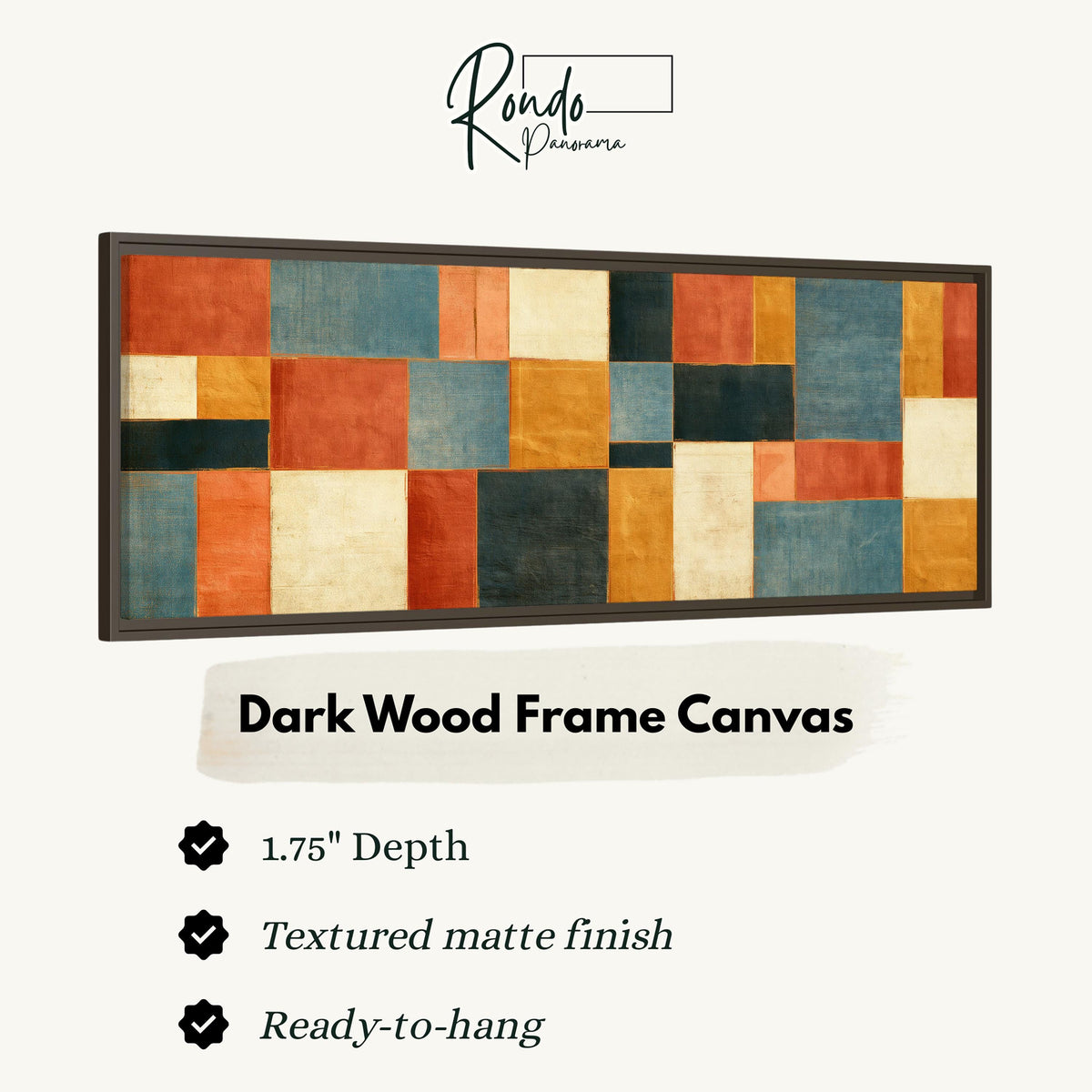 Rust, gold, navy and cream quilt blocks canvas print in a dark wood floating frame