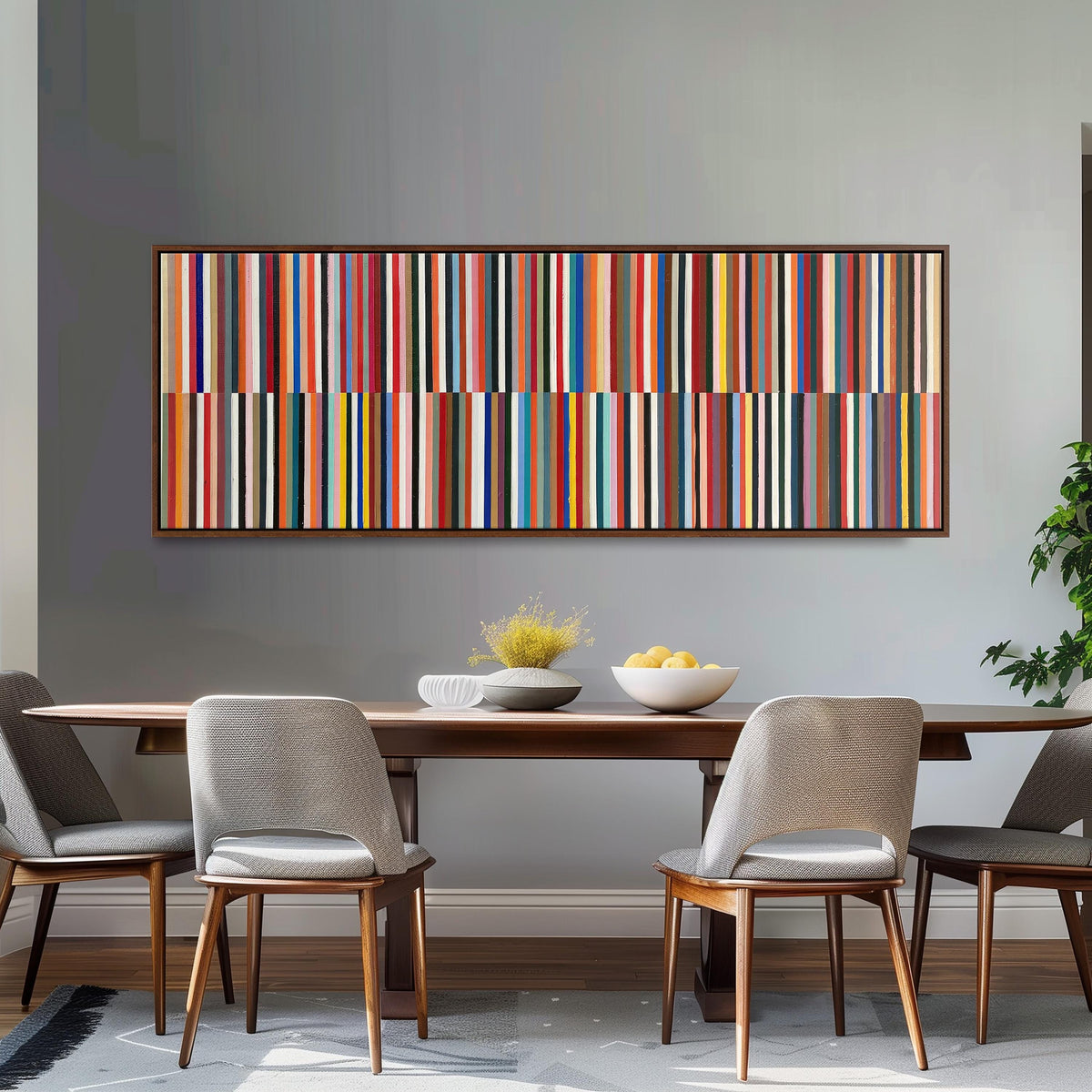 Two bands of colorful stripes long horizontal canvas print above a dining table