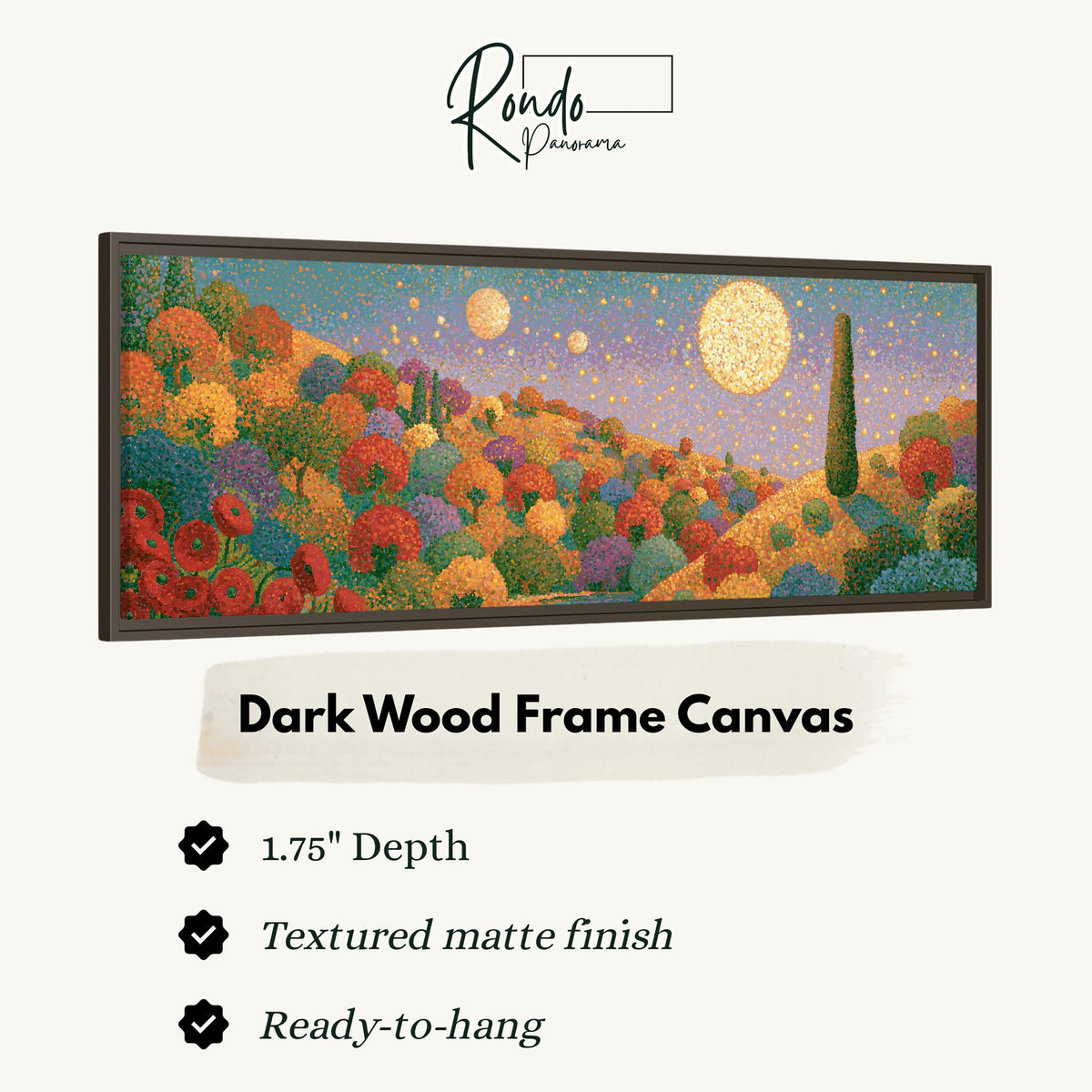 Autumn hillside under glowing moons canvas print in a dark wood floating frame