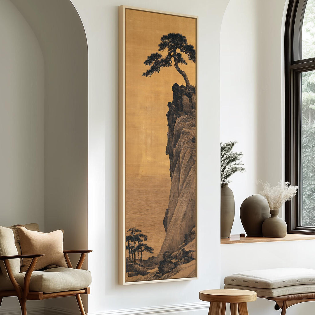 Pine tree on a rocky cliff long vertical canvas print in a sunlit living space