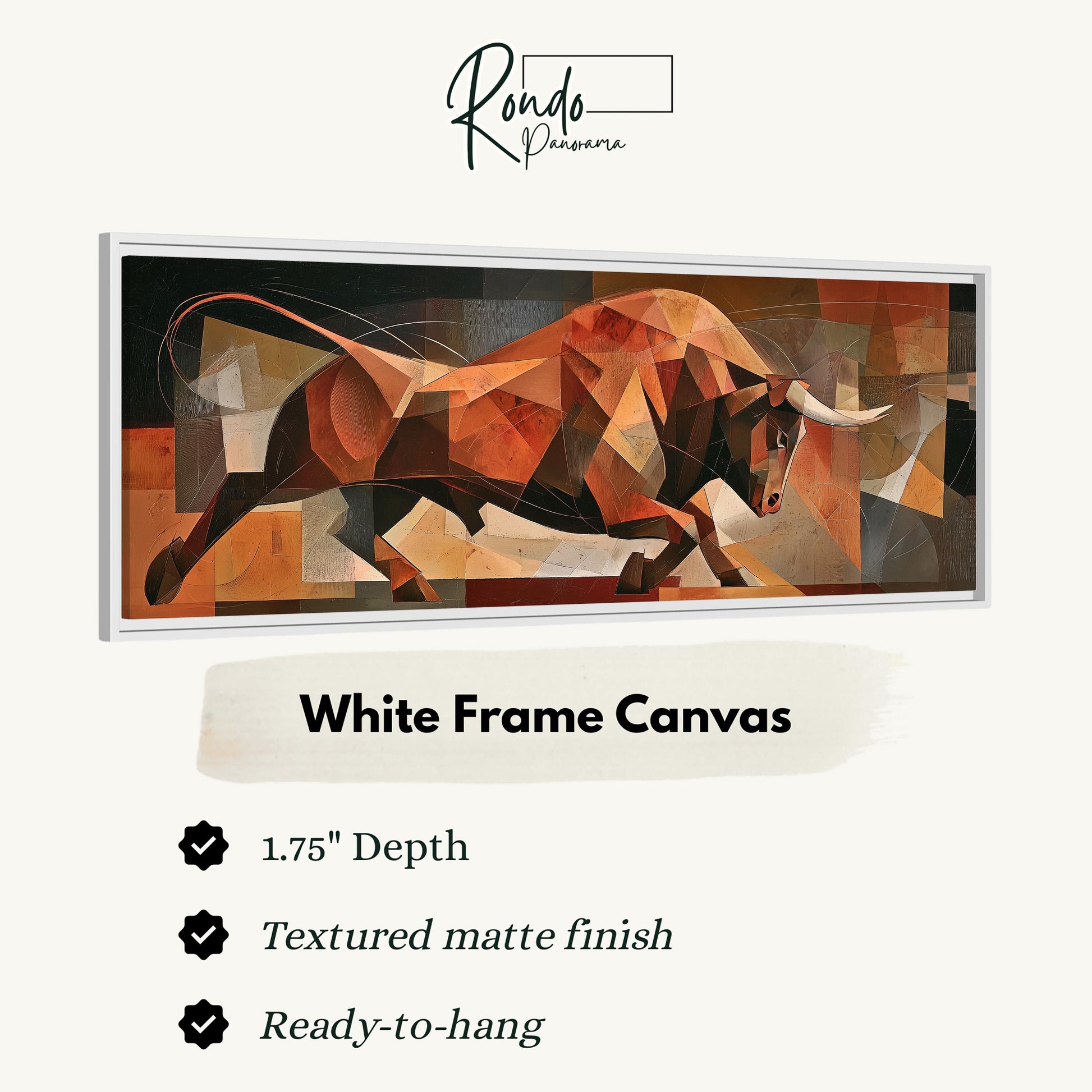 The image is a white frame canvas depicting a bull in motion, with a textured matte finish.