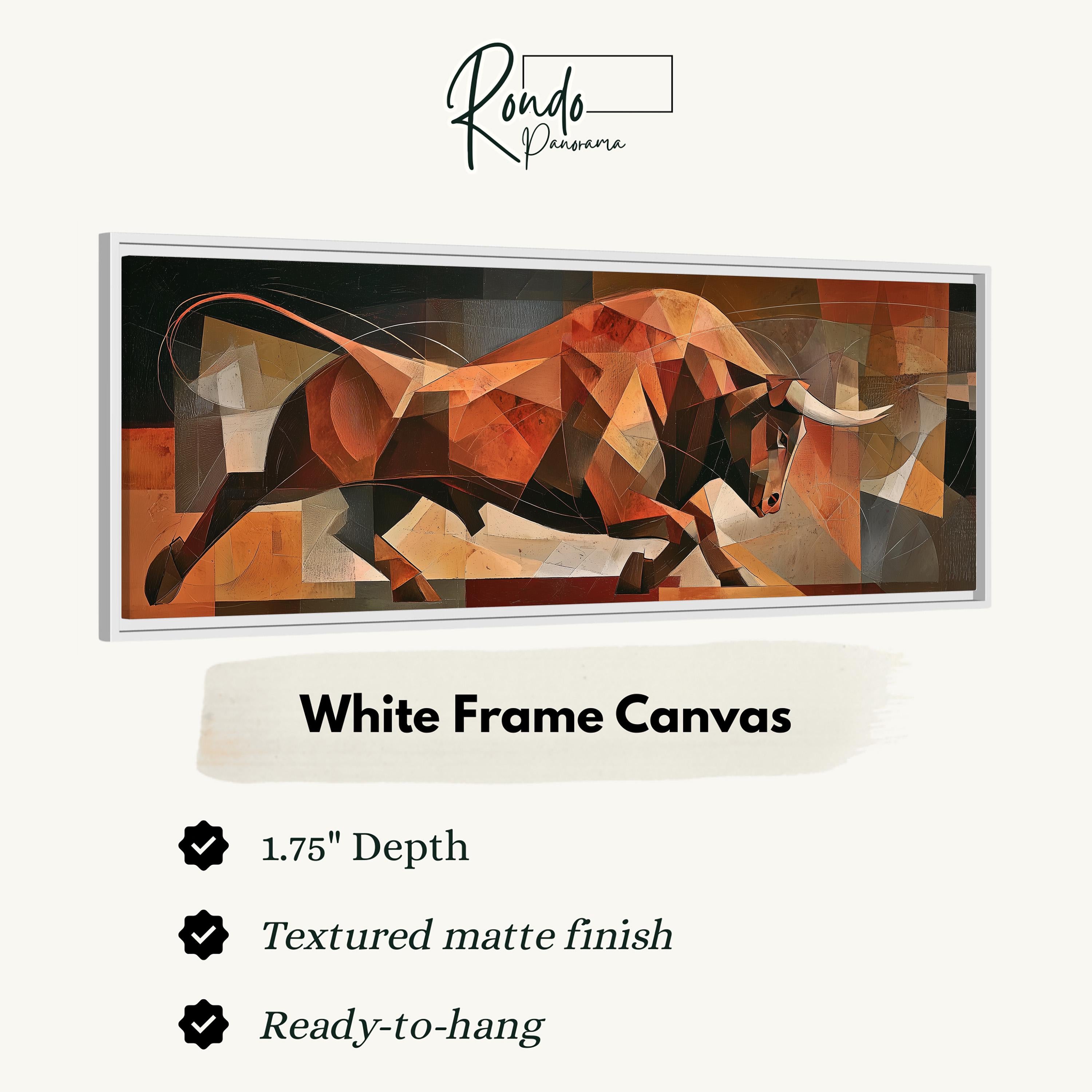 The image is a white frame canvas depicting a bull in motion, with a textured matte finish.
