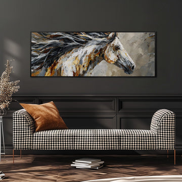 a large, colorful painting of a horse's head hanging on a wall above a black and white checkered sofa.