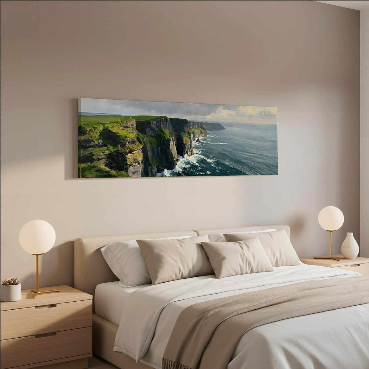 Emerald sea cliffs wide panoramic canvas print above a bed in a neutral bedroom