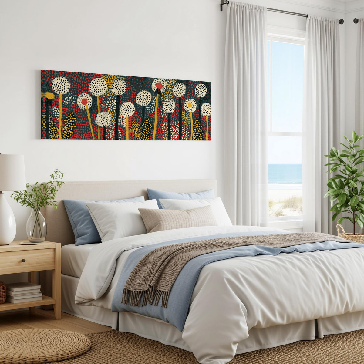 Dotted dandelion meadow panoramic canvas print above a bed in a coastal bedroom