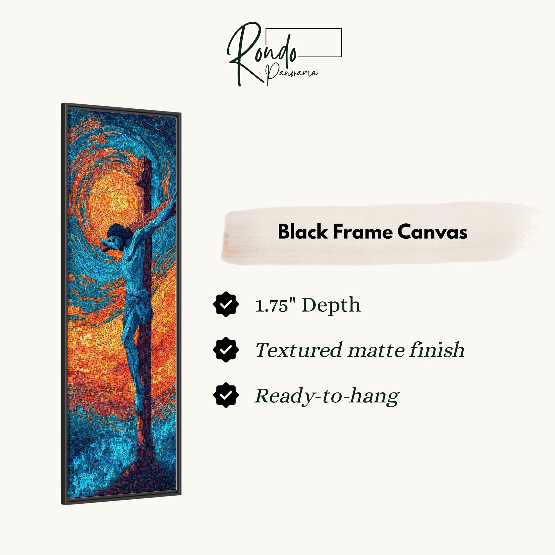 The image is a black frame canvas depicting a man on a cross with a swirling background.