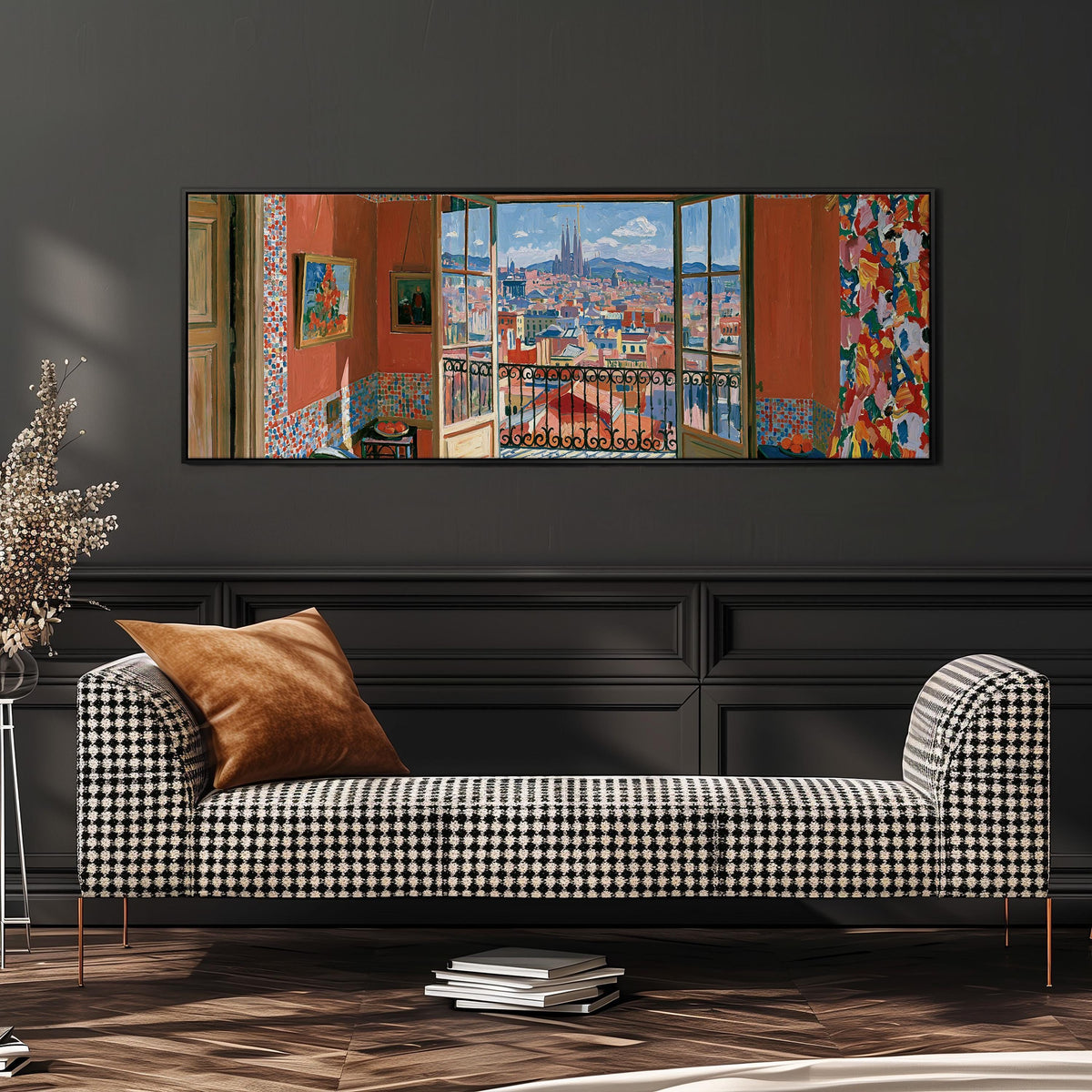 Barcelona seen through an open window wide panoramic canvas print above a bench in a dark living room