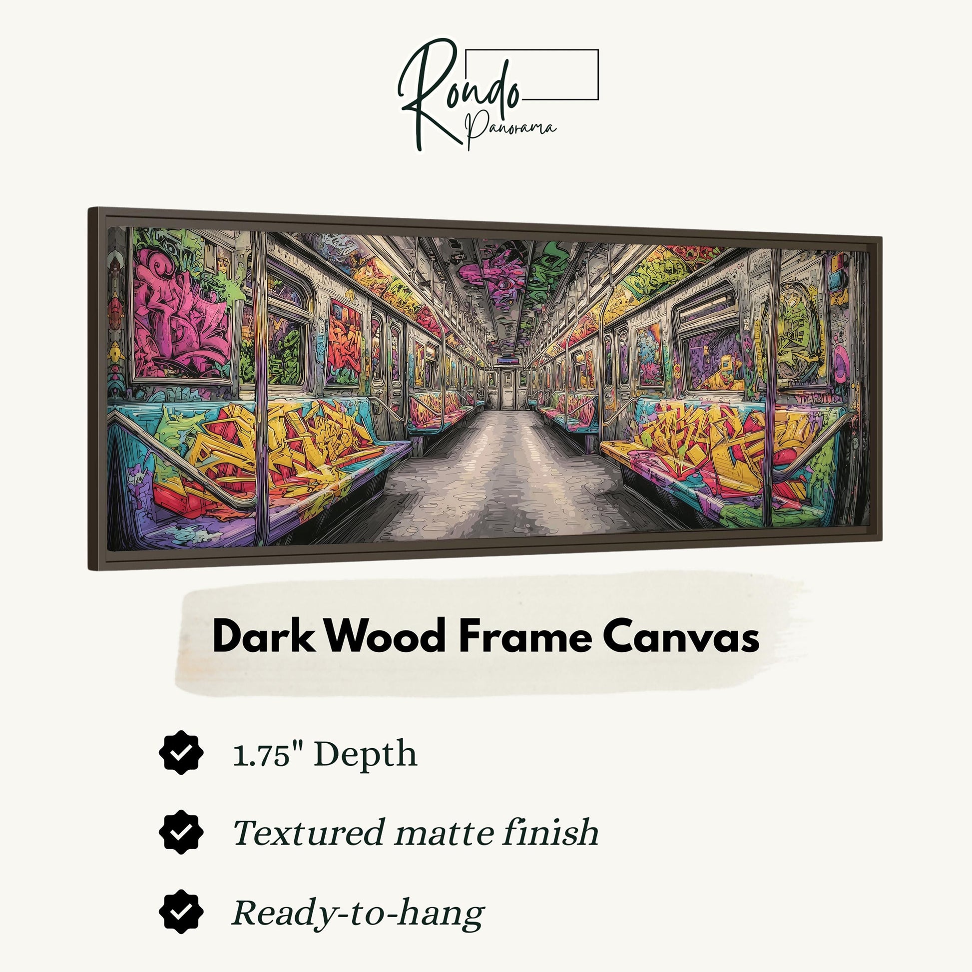 The image is a framed canvas depicting a colorful, graffiti-covered subway car interior.