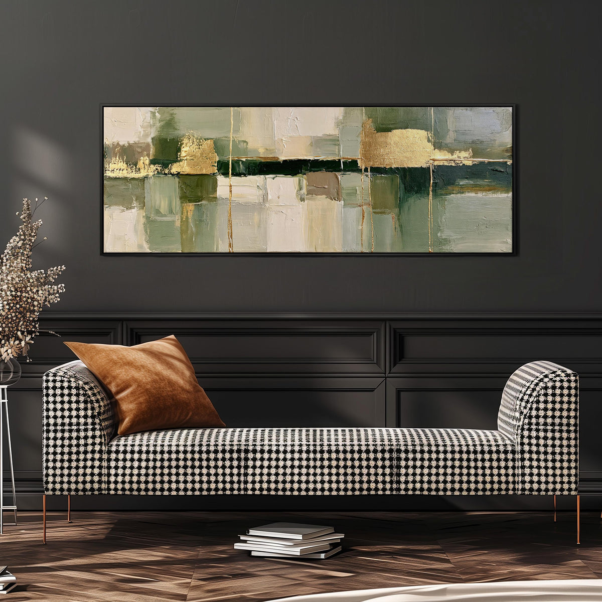 Sage and gold leaf abstract long horizontal canvas print above a dining table