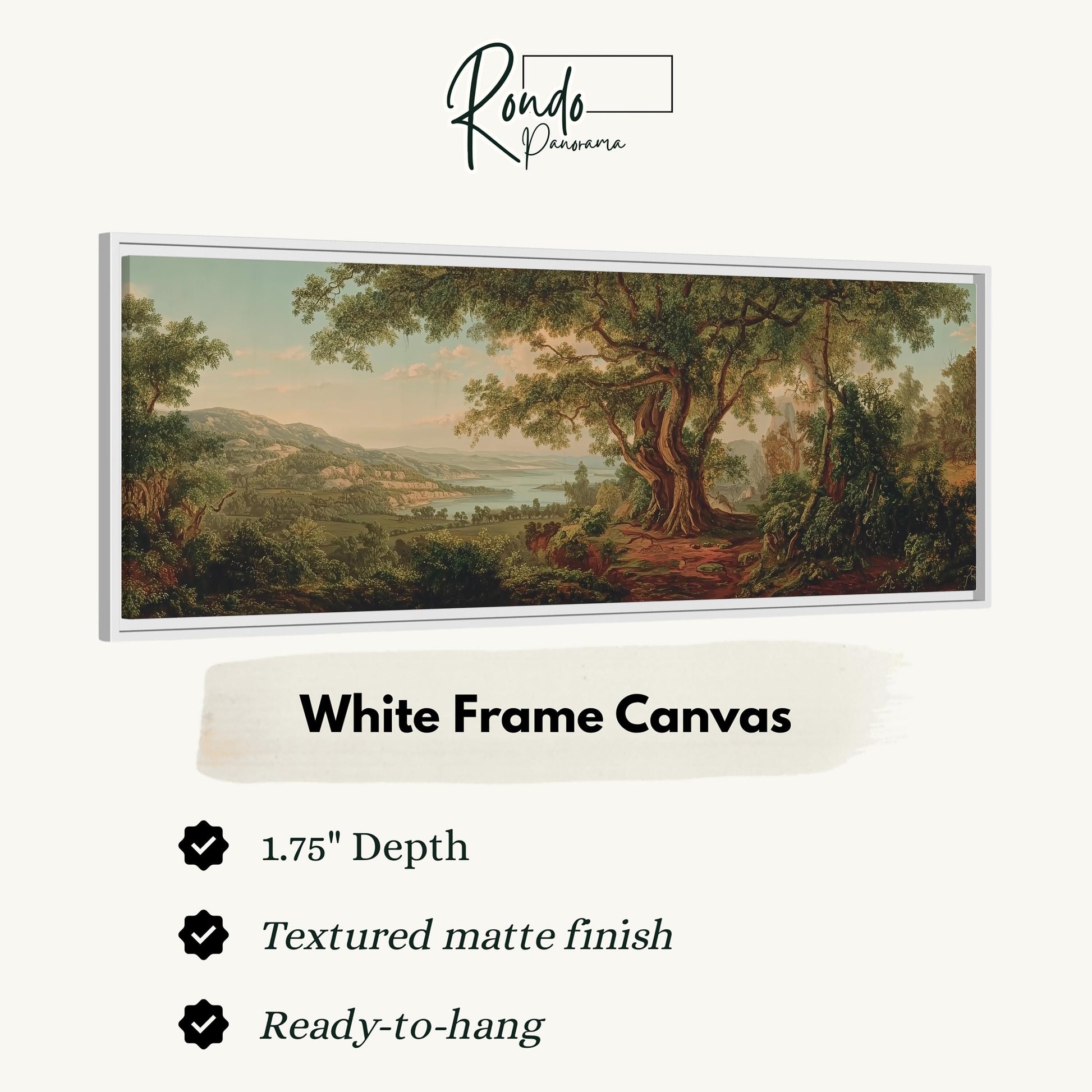 The image is a white frame canvas depicting a landscape with a large tree in the foreground and a body of water in the background.