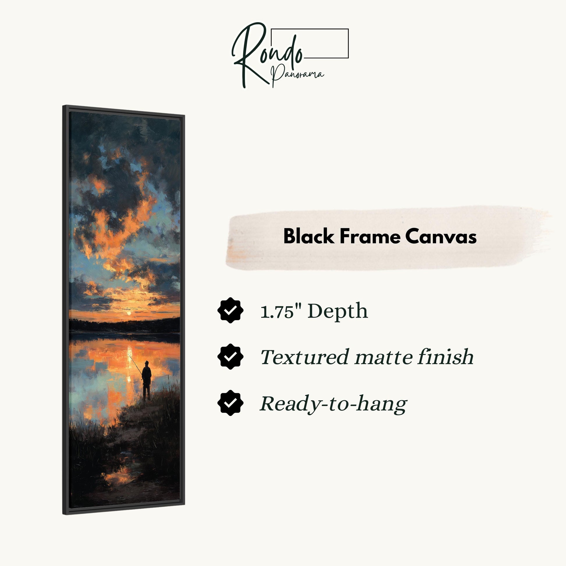 The image is a black frame canvas depicting a sunset over a body of water.