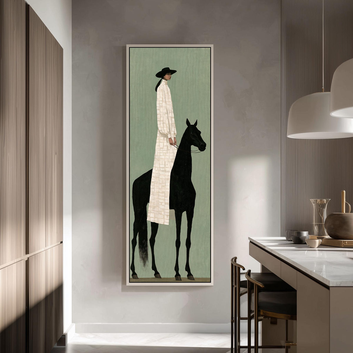 Woman in a long coat beside a black horse tall skinny canvas print in a modern kitchen