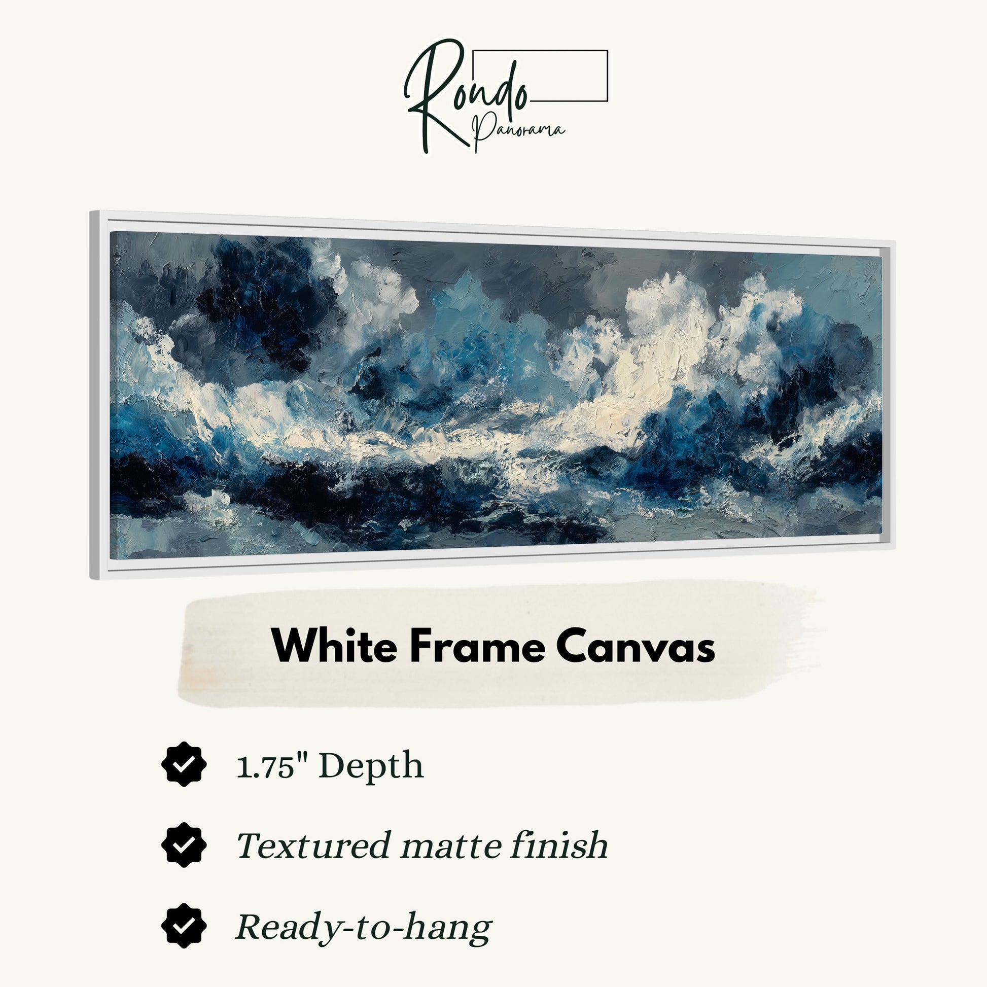 The image is a white frame canvas depicting a large, textured painting of a stormy sea with white clouds.