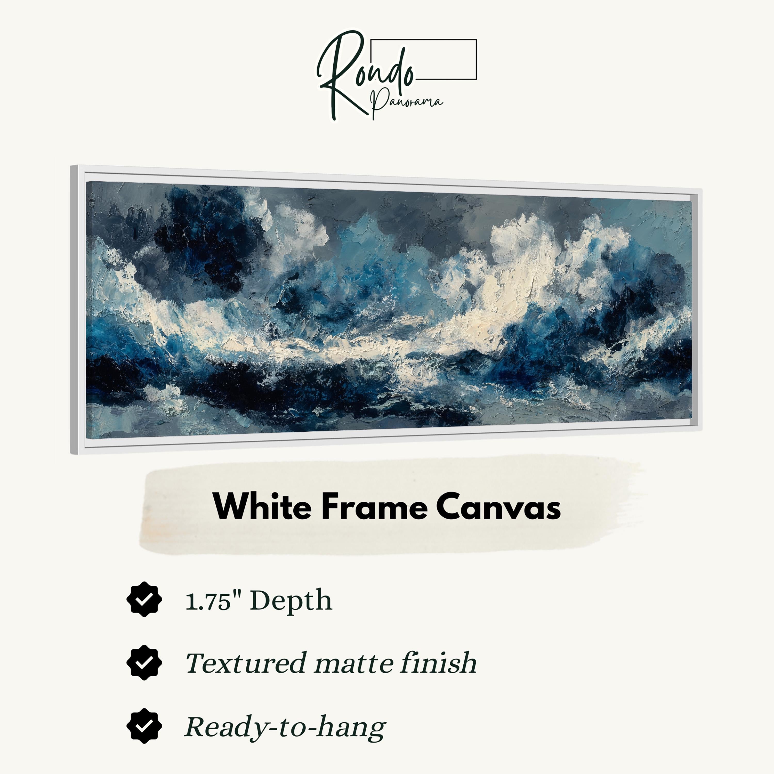 The image is a white frame canvas depicting a large, textured painting of a stormy sea with white clouds.