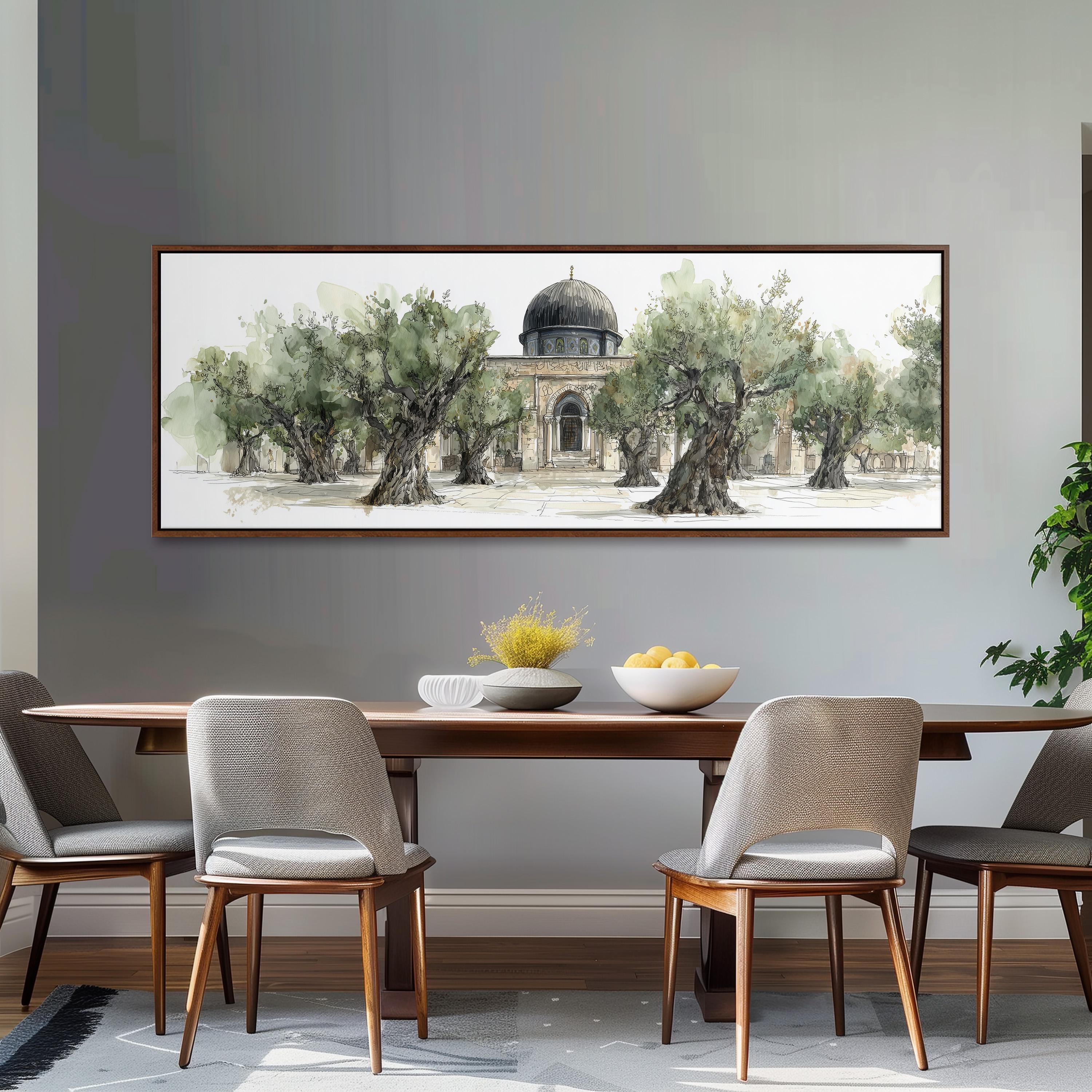 a large painting of a building with a dome, surrounded by trees, hanging on a wall above a wooden dining table with four chairs.