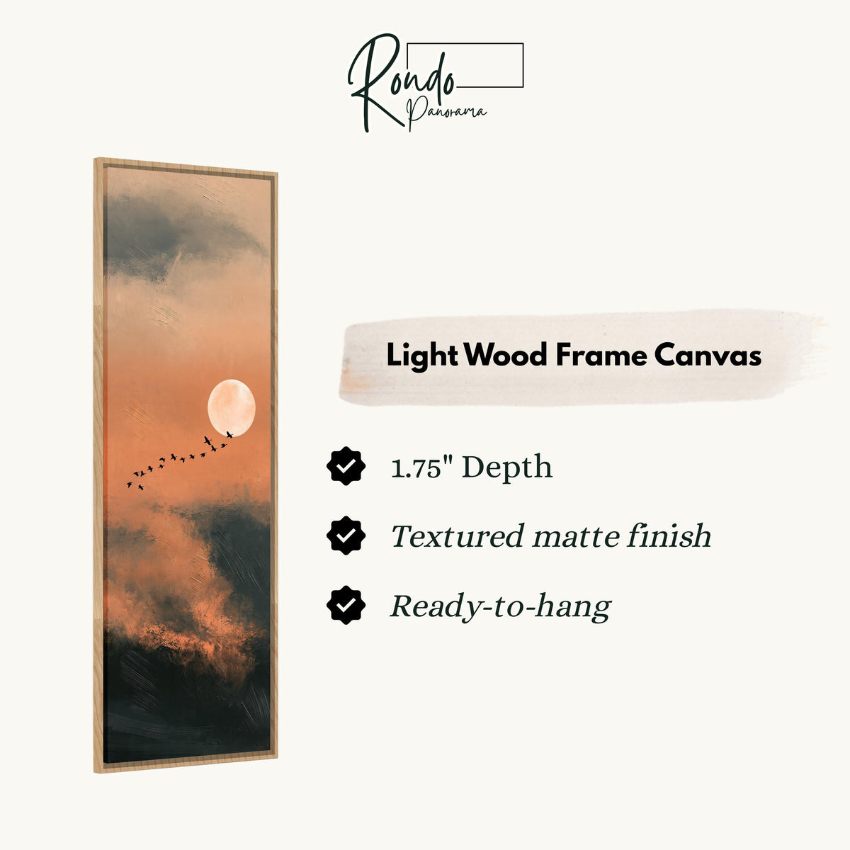 Birds flying past a rising moon in an orange sky canvas print in a light wood floating frame