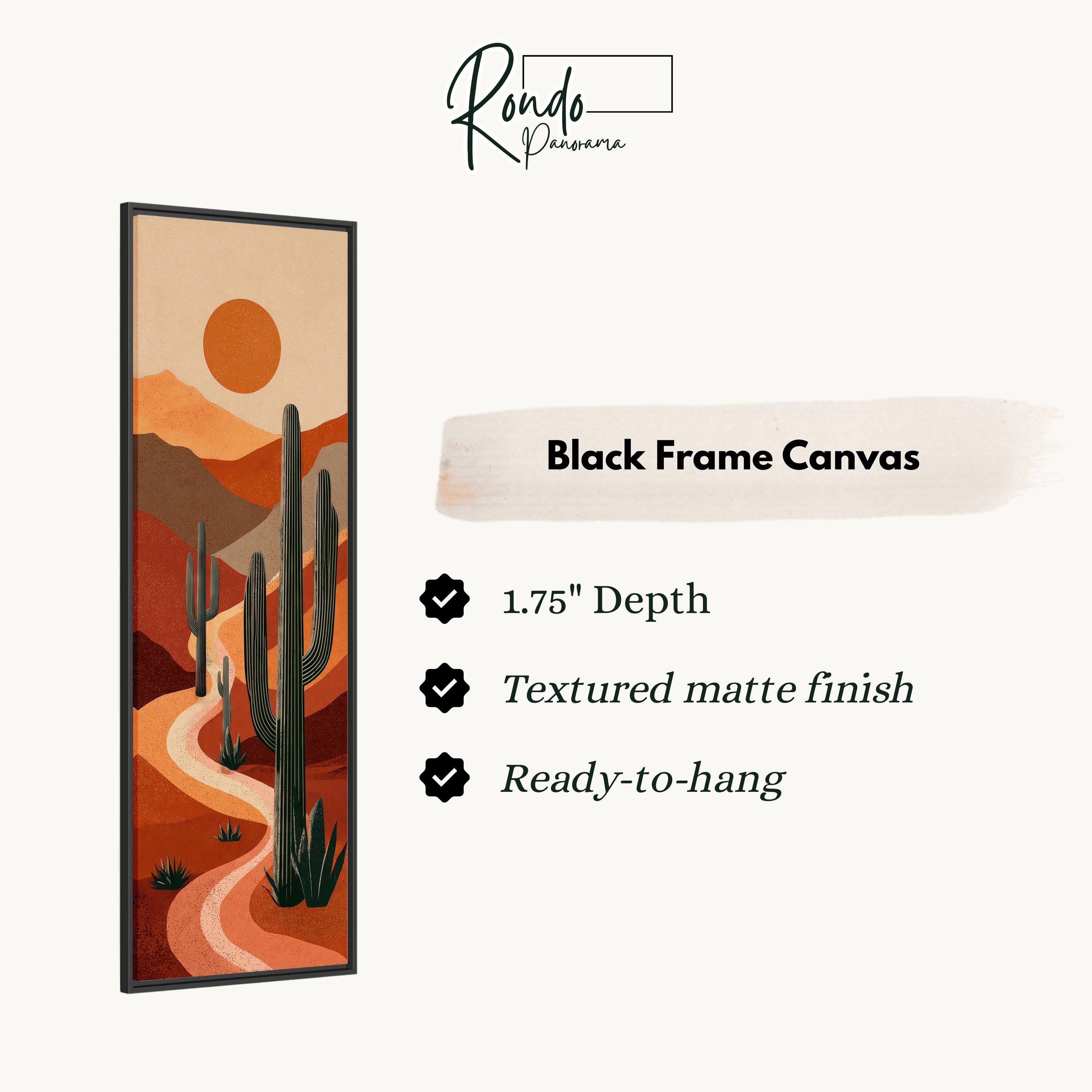 The image is a black frame canvas depicting a desert landscape with cacti and mountains.