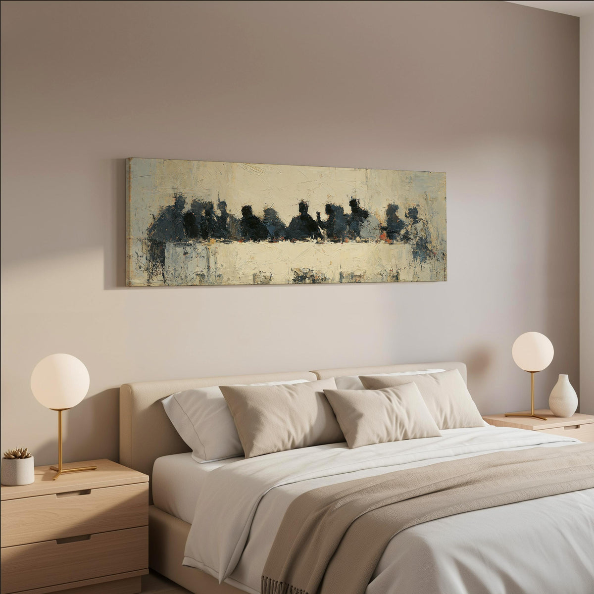 Abstract silhouette Last Supper wide panoramic canvas print above a bed in a neutral bedroom