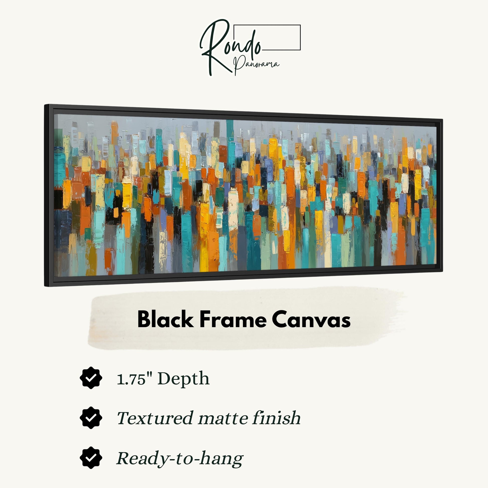 The image is a black frame canvas with a textured matte finish, measuring 1.75" in depth. It is ready to hang and has a textured matte finish.
