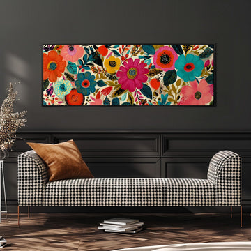 a large, colorful floral print hanging on a wall above a black and white checkered sofa.