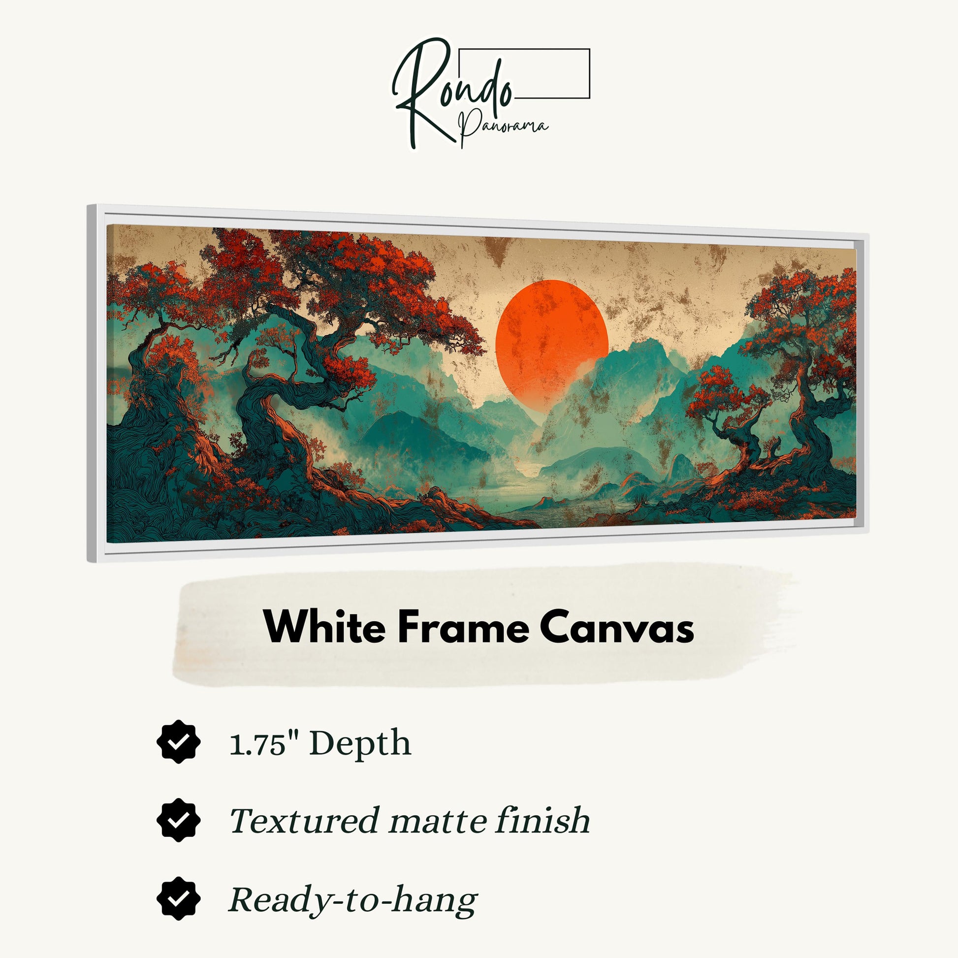 The image is a white frame canvas depicting a landscape with a red sun and trees in the background.