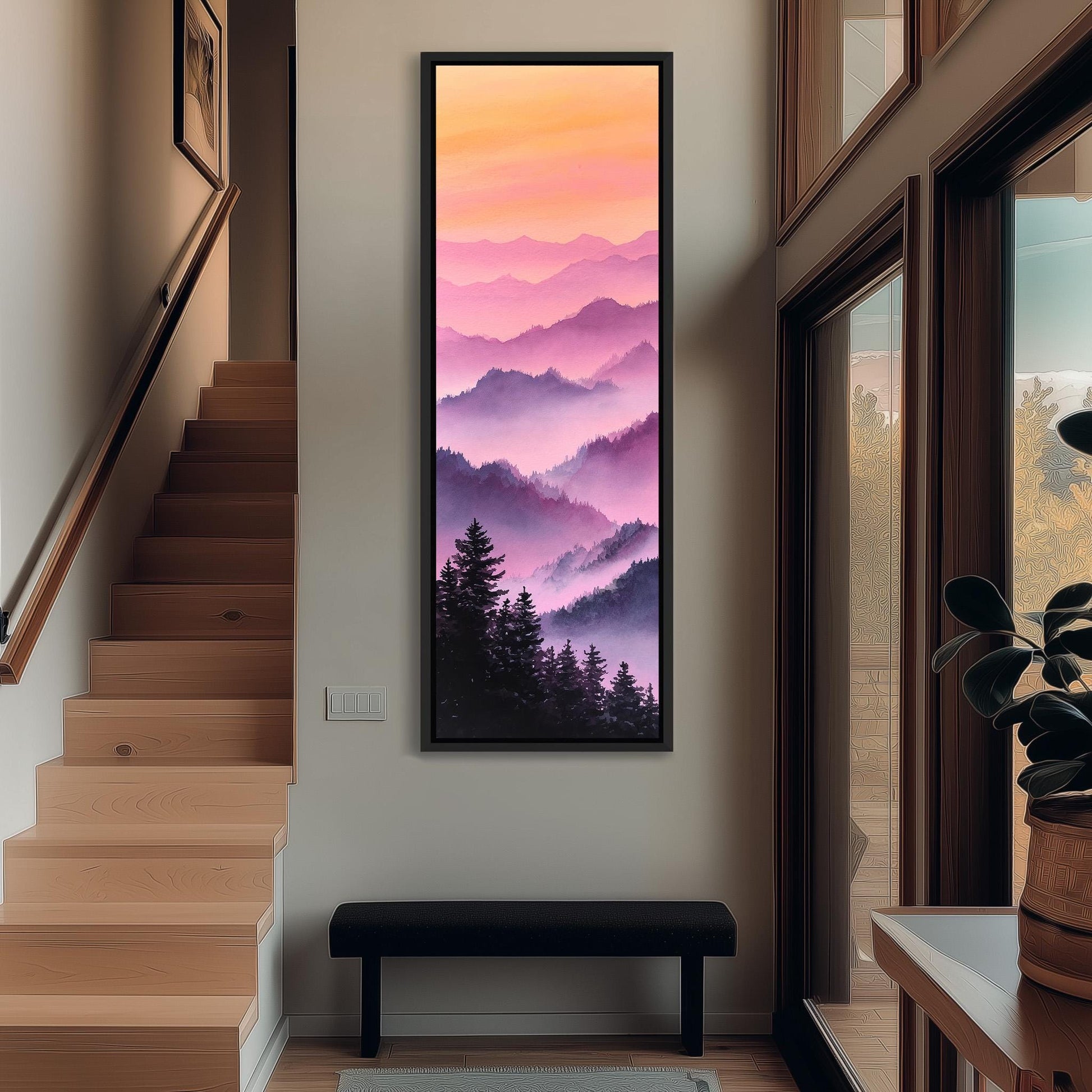 a large, colorful painting of a mountain landscape hanging on the wall of a room with wooden stairs and a bench.