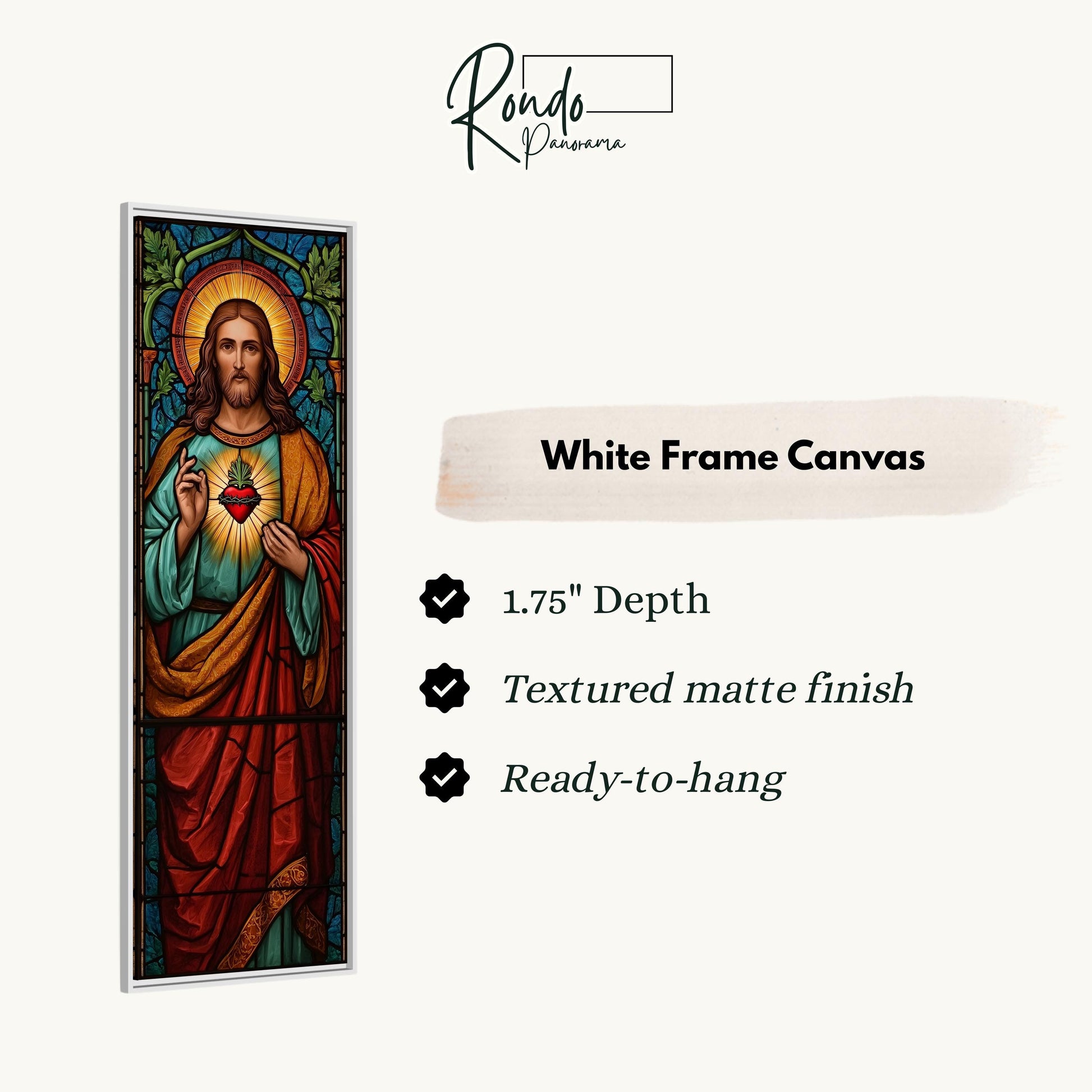 The image is a white frame canvas depicting a stained glass window of Jesus Christ.