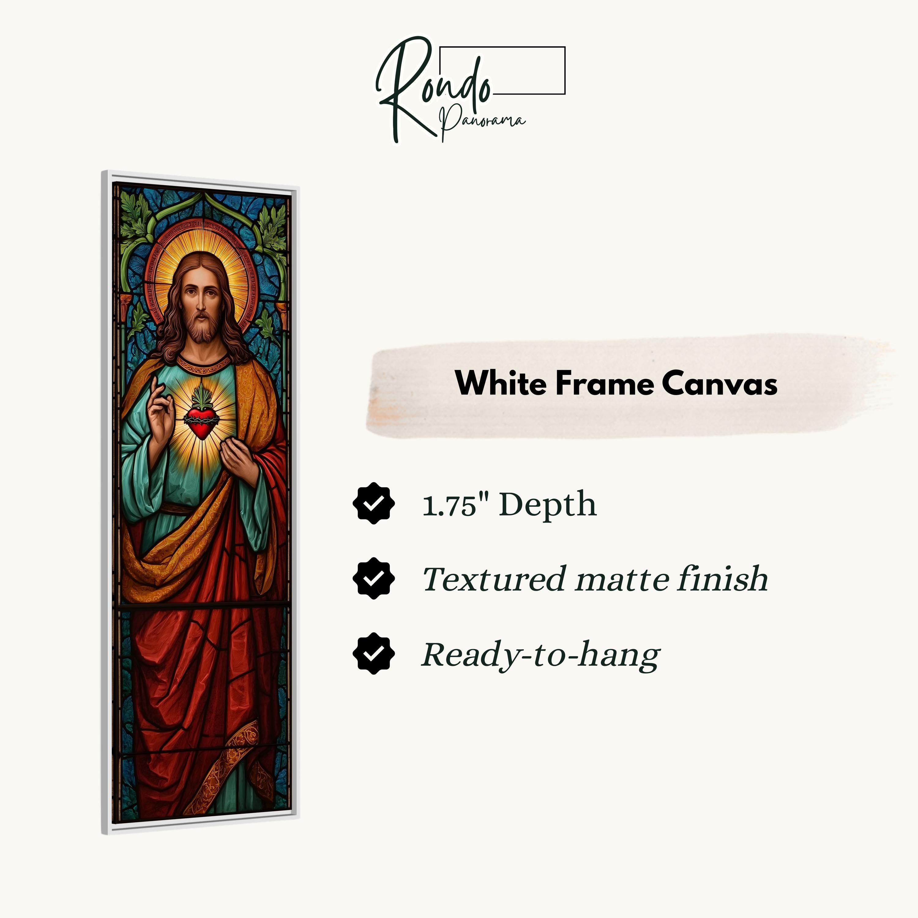 The image is a white frame canvas depicting a stained glass window of Jesus Christ.