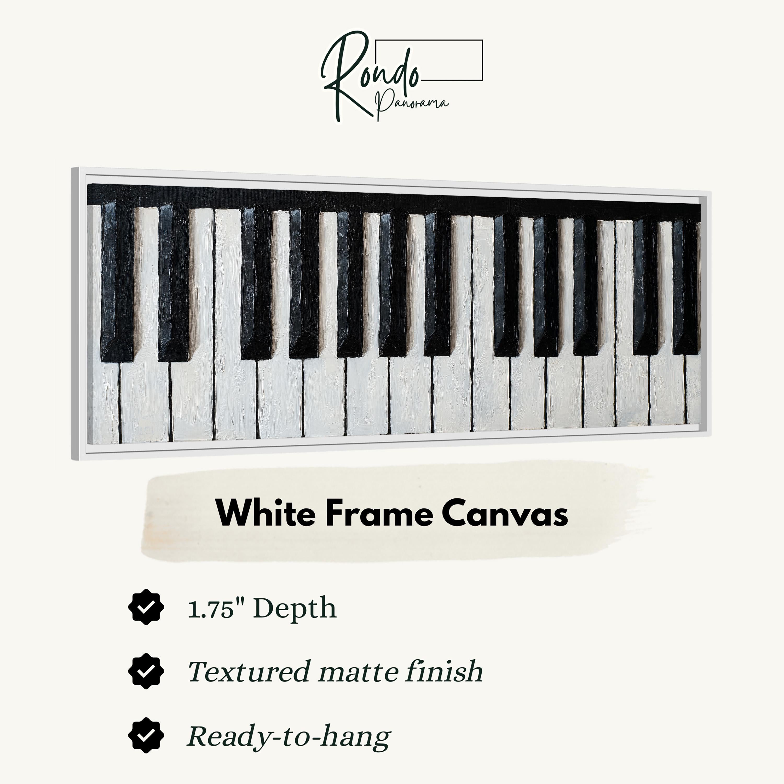 a white frame canvas with a close-up view of a piano keyboard.