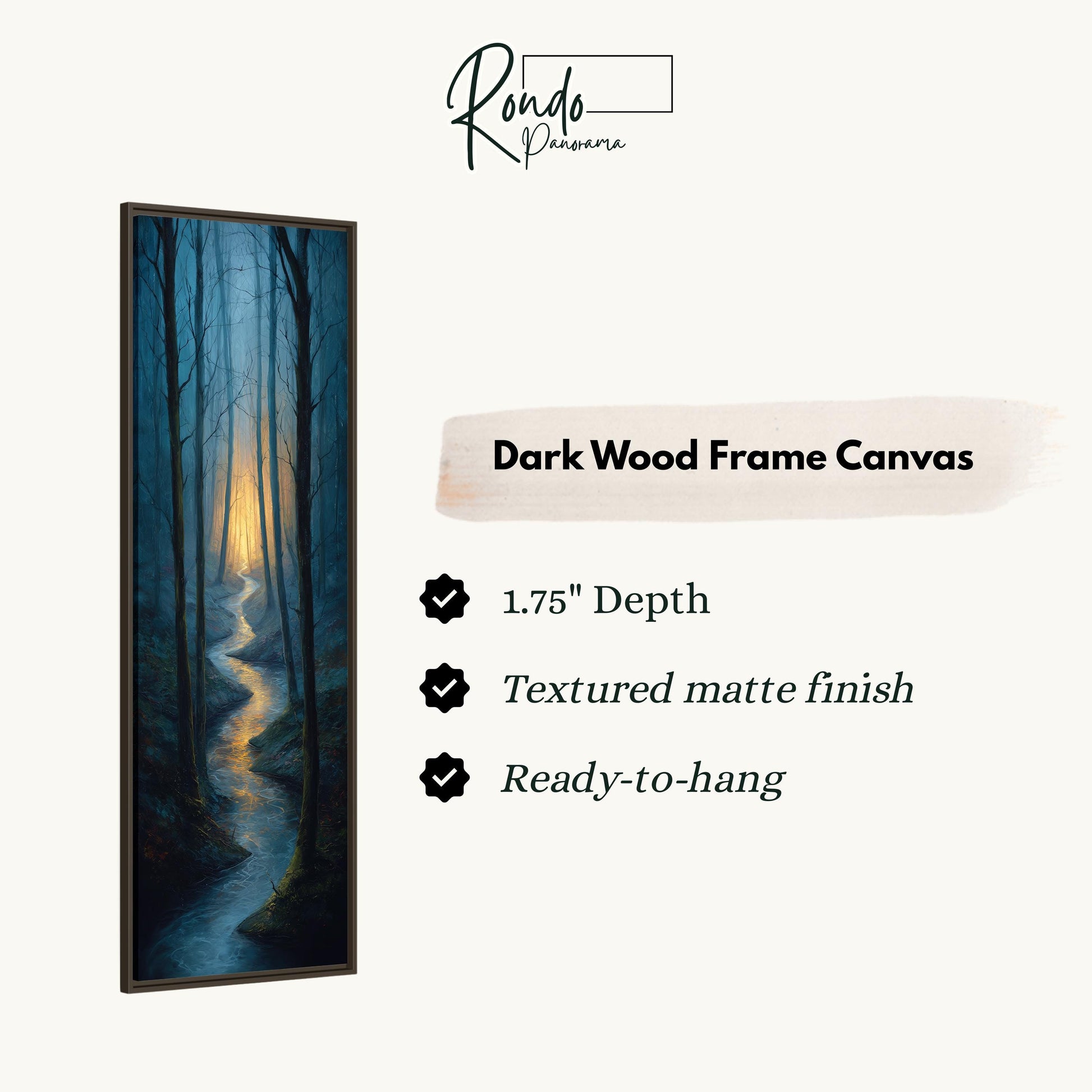 The image is a framed painting depicting a forest scene with a winding path leading through the trees.