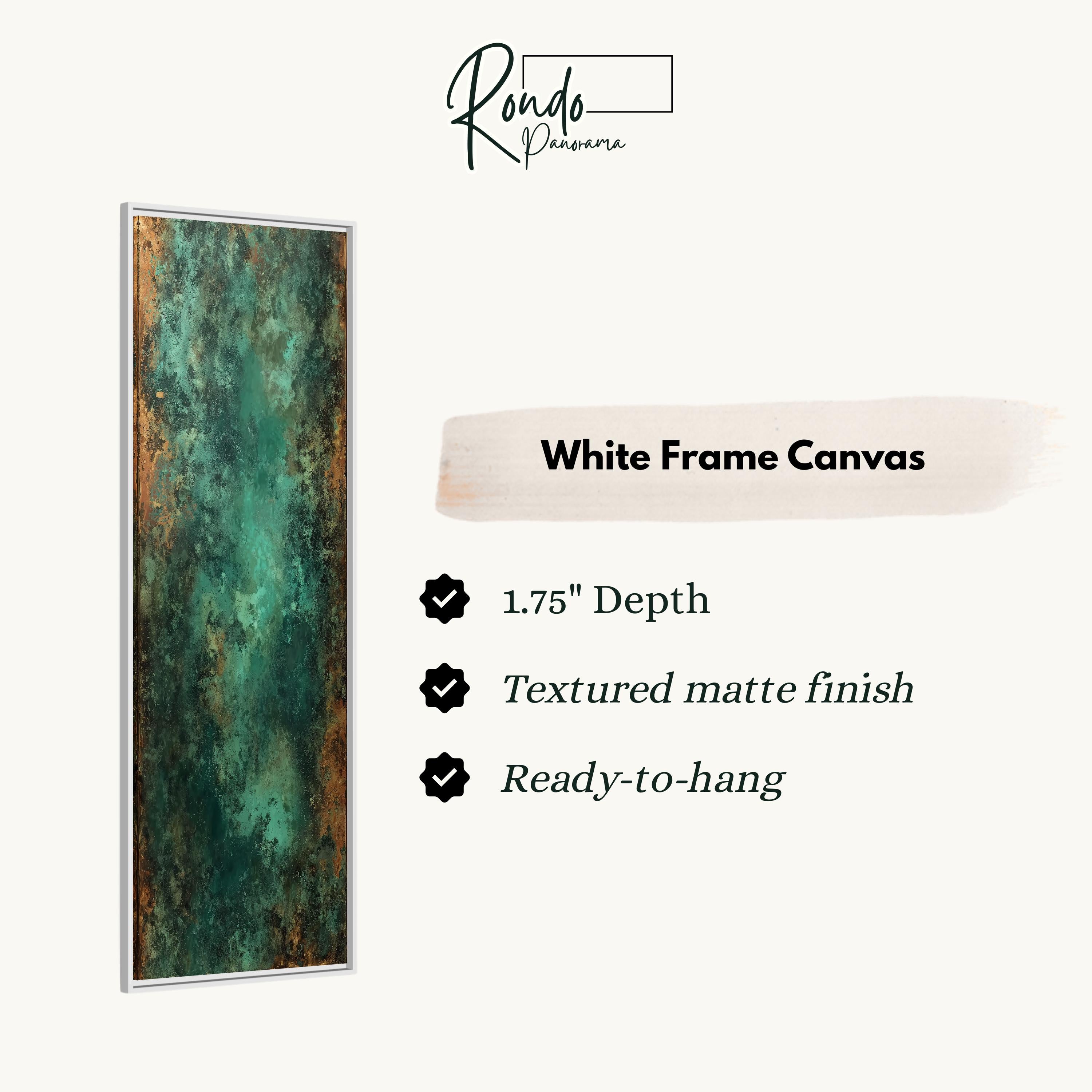 The image is a product description for a white frame canvas. It features a vertical text box with information about the product, including its dimensions, finish, and hanging capabilities.