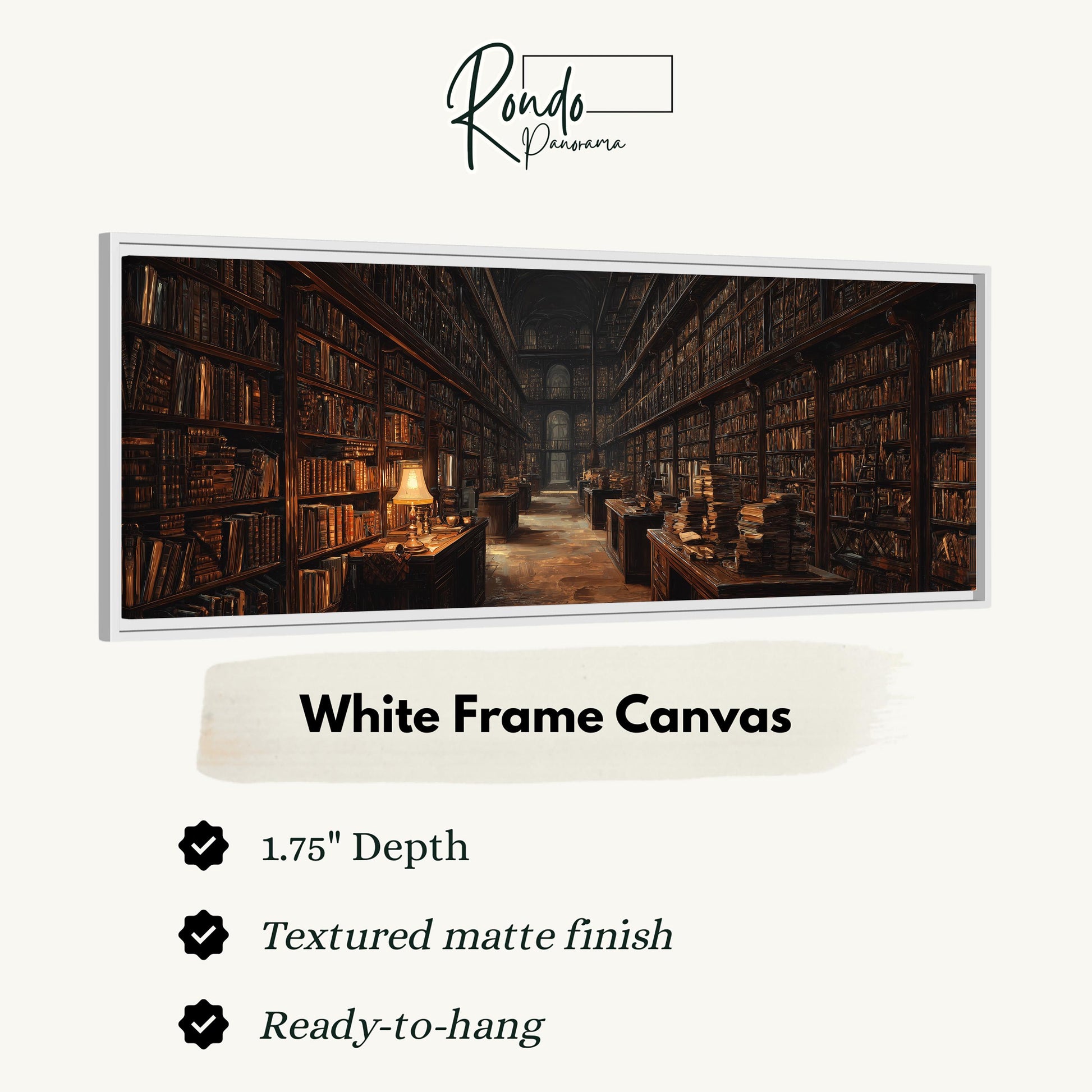 A white frame canvas depicting a library with rows of bookshelves and tables with lamps.
