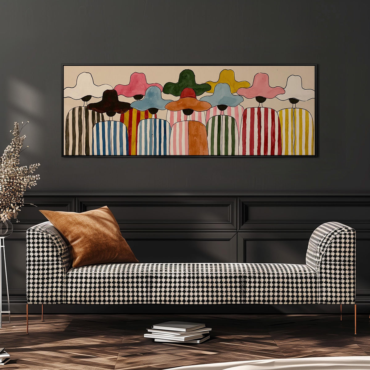 Crowd of figures in colorful sun hats wide panoramic canvas print above a bench in a dark living room