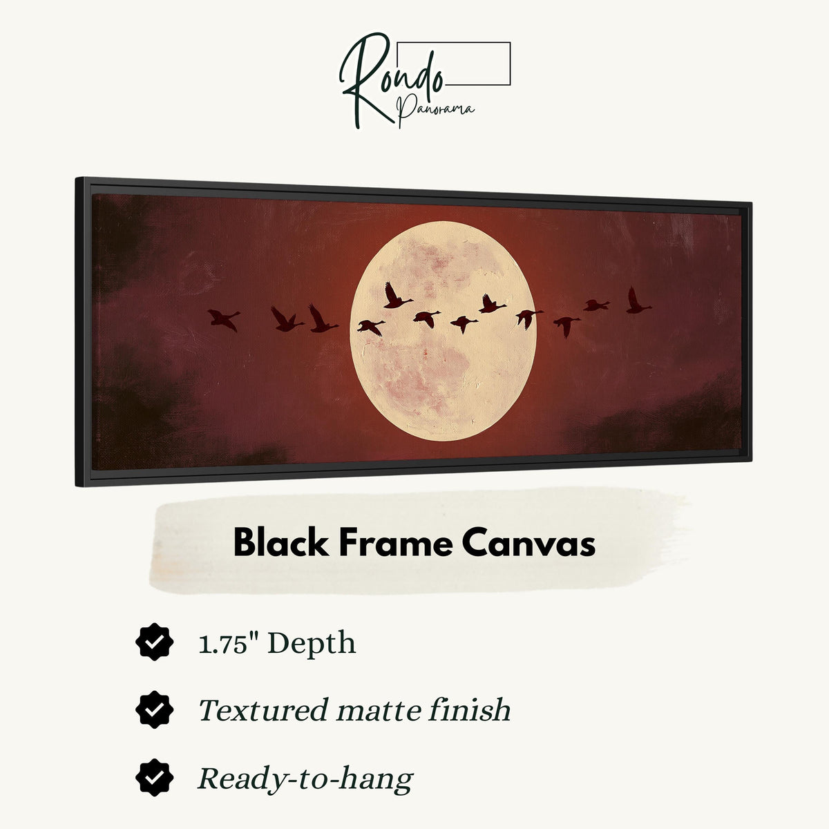 Geese crossing a pale moon on maroon canvas print in a black floating frame