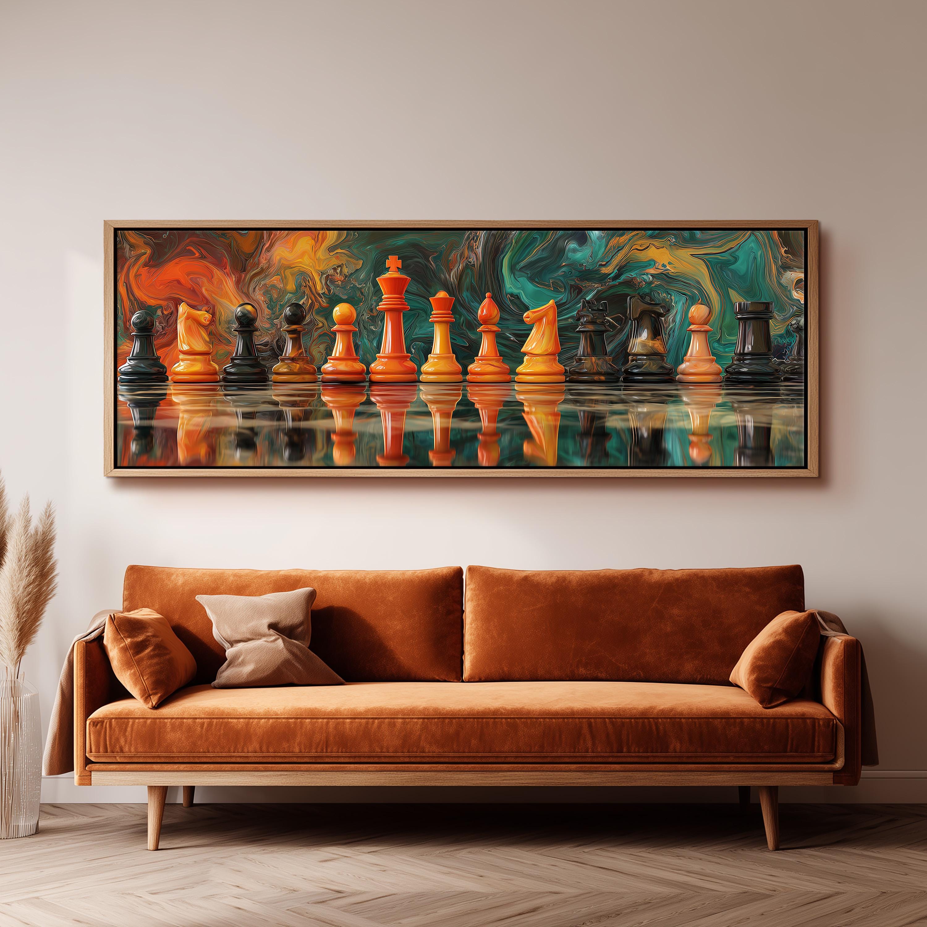 a large, colorful painting of chess pieces arranged in a row on a wall above a brown sofa.