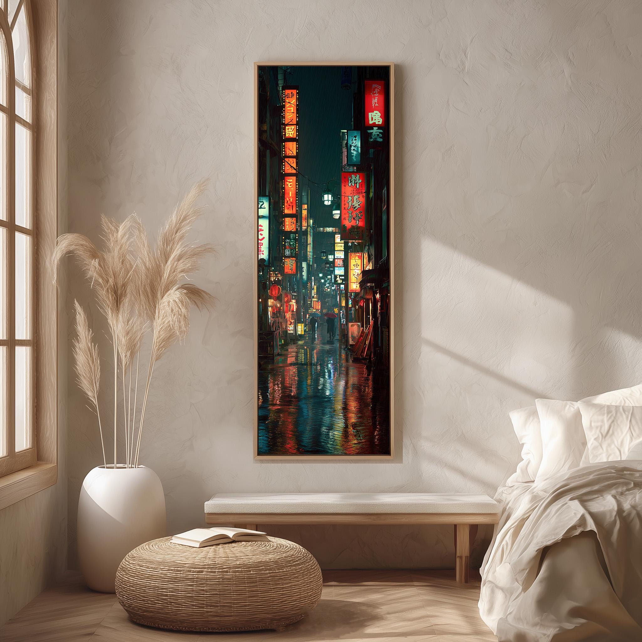 a serene indoor setting with a large window, a white bench, a woven ottoman, and a framed painting of a city street at night.