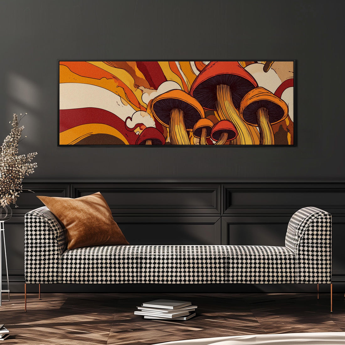 a large, colorful painting of mushrooms hanging on a wall above a brown sofa.